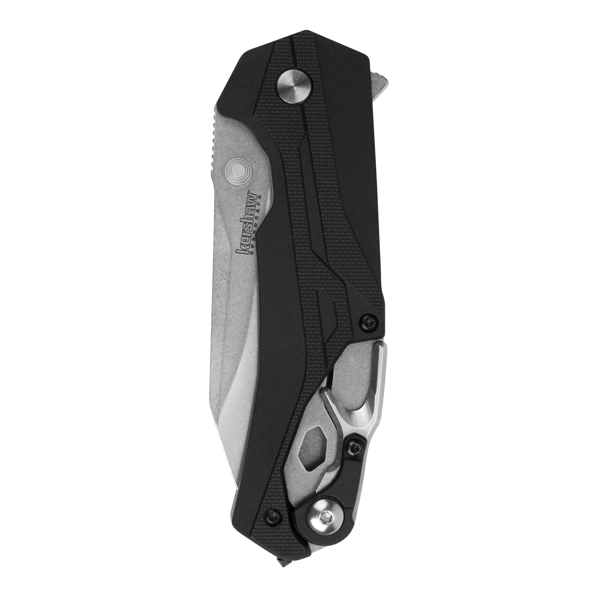 Kershaw Drop Point Drivetrain Pocket Knife, 3.2-in. Blade, SpeedSafe Opening, Frame Lock, Seatbelt Cutter (8655), Black
