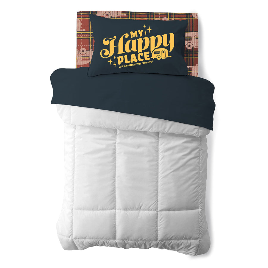 Camco Bunk Sized Bed Sheets Life is Better at The Campsite Camper/RV | Features Vintage-Inspired Camping Theme on Red Plaid & Navy Flat Sheet | Soft Machine Washable Polyester | 3-Piece Set (53120)