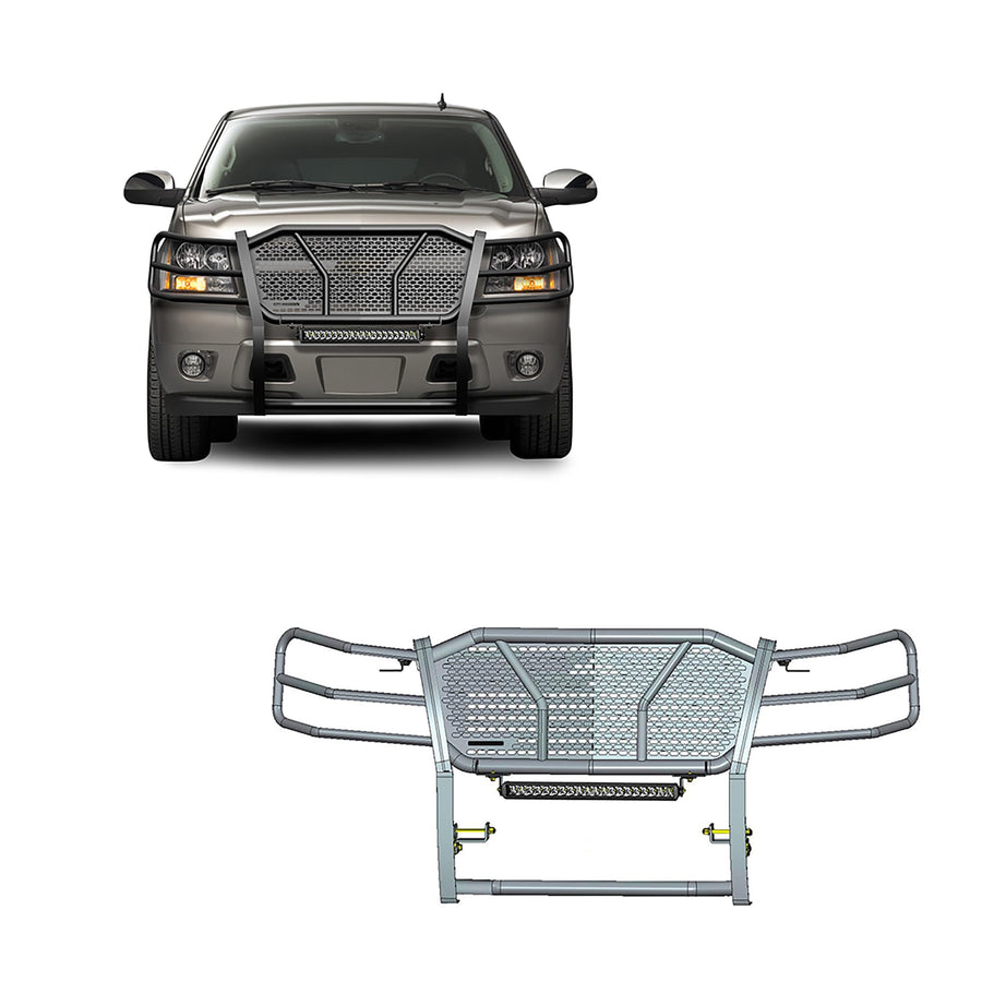 Heavy Duty Black Horse RUGGED Grille Brush Bumper Guard Modular Come With Single Row LED Light Compatible with 2007-2014 Tahoe|2007-2014 Suburban 1500|2007-2013 Avalanche-RU-CHTA07-B-K2