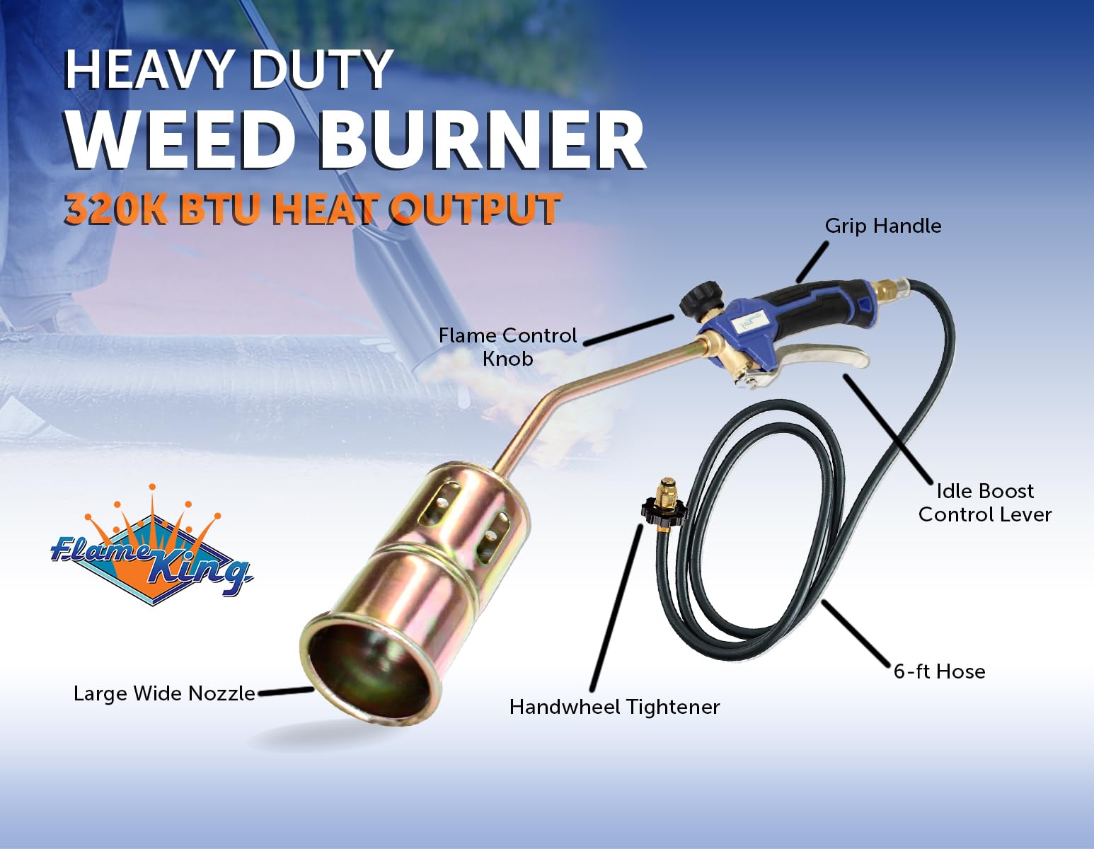 Flame King Heavy Duty Propane Torch Kit Weed Burner Powerful 320,000 BTU with 6-ft Hose Regulator Assembly