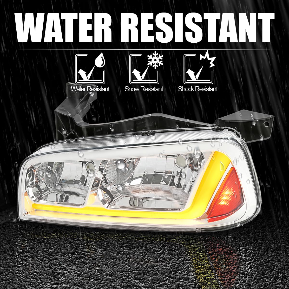 Chrome Headlights SPEC-D TUNING w/Fiber Optic LED Strip and Turn Signal Light Compatible with 2006-2010 Dodge Charger 4Dr Sedan, Left + Right Pair Headlamp Assembly