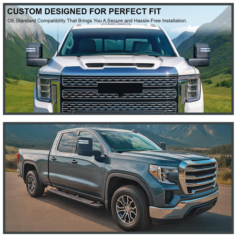 Spec-D Tuning Power Heated Black Tow Mirrors w/LED Signal, Blind Spot Sensor, Temperature Sensor Compatible with 2019-2025 GMC Sierra 1500, Left + Right Pair