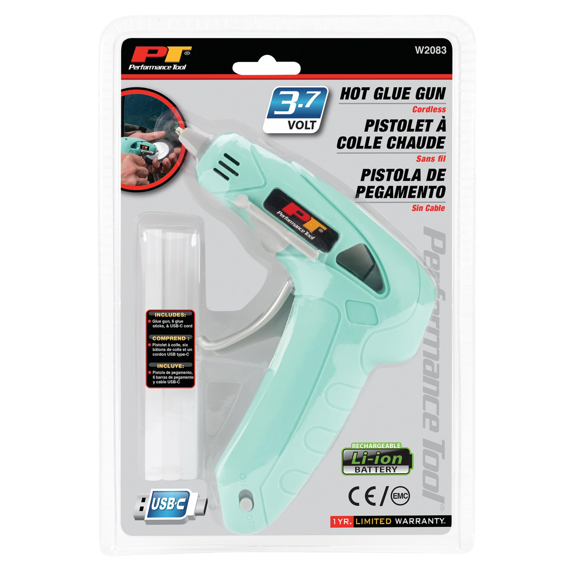 Cordless Hot Glue Gun Performance Tool W2083, USB-C Rechargeable, Quick Heating, Built-In Stand, with Glue Sticks, 1 Hour Cordless Run Time for Crafting, DIY, Home Improvement, and Automotive Tasks