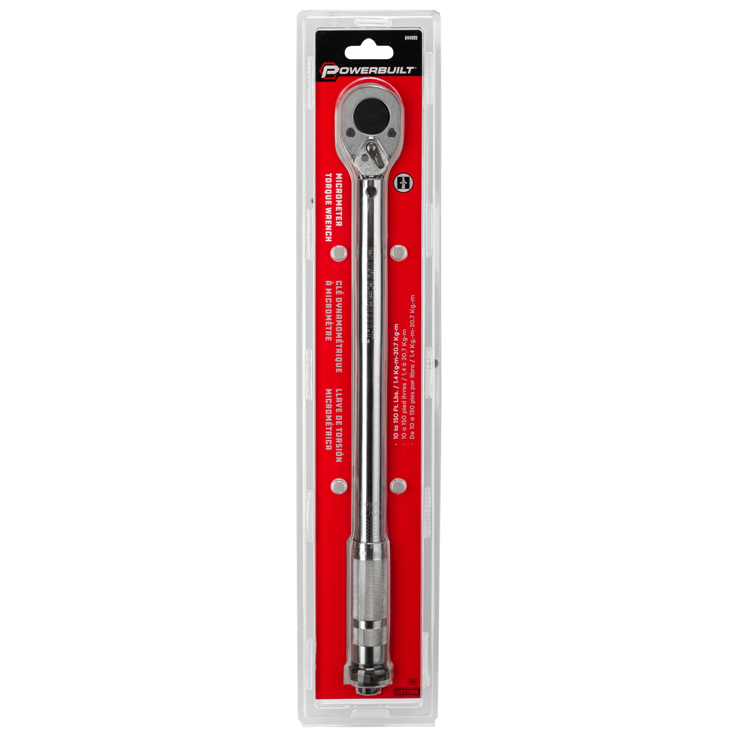 Powerbuilt Torque Wrench Micrometer, 1/2-Inch Drive, Reversible Ratchet Clicks, Lockable, 30 to 150 Foot Pound Range - 644999