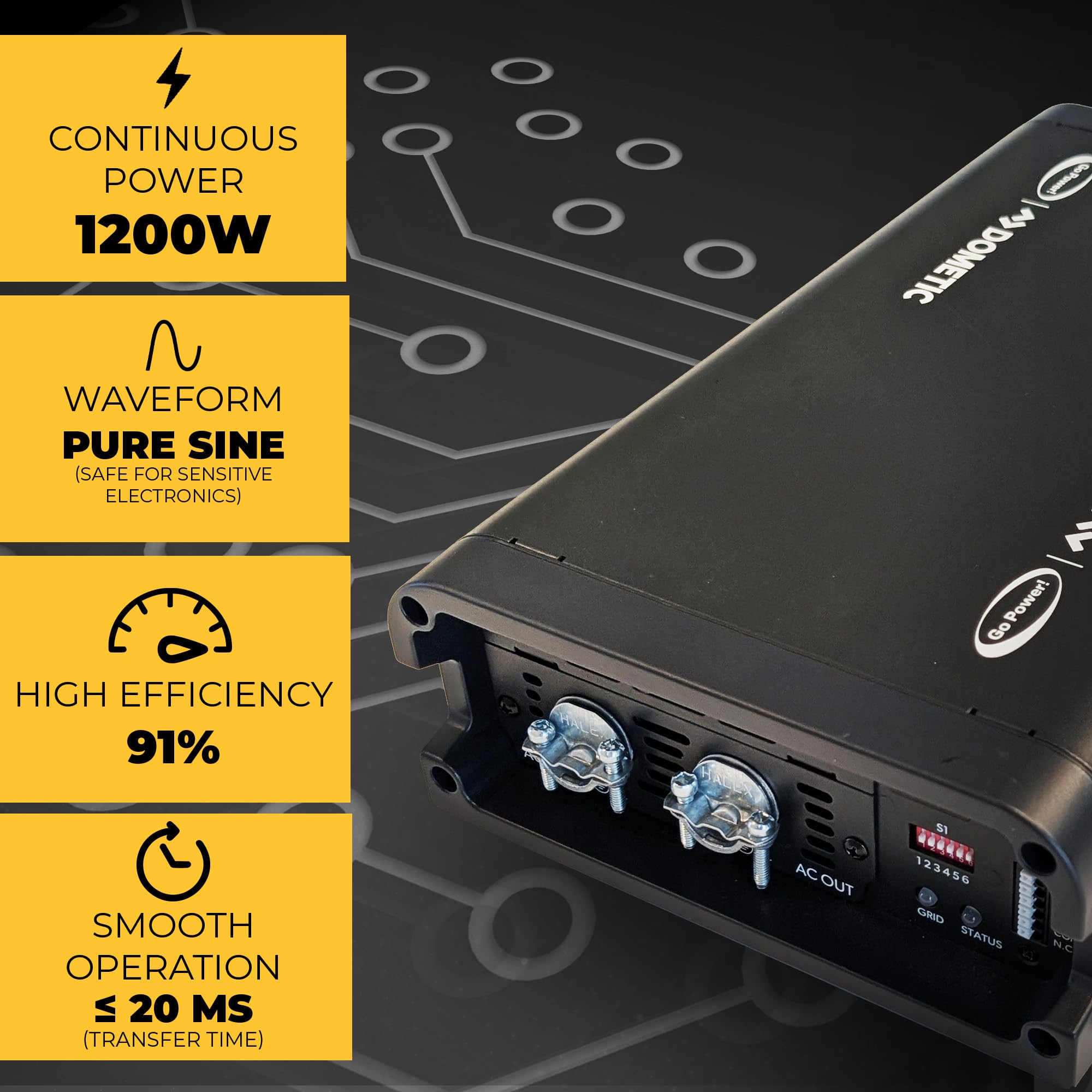 Go Power Transfer Switch, Advanced Sine Wave (ASW) Pure Sine Wave Power Inverter 12V to 110V with Built-in 30-Amp Automatic, Delivering 1200 Watts