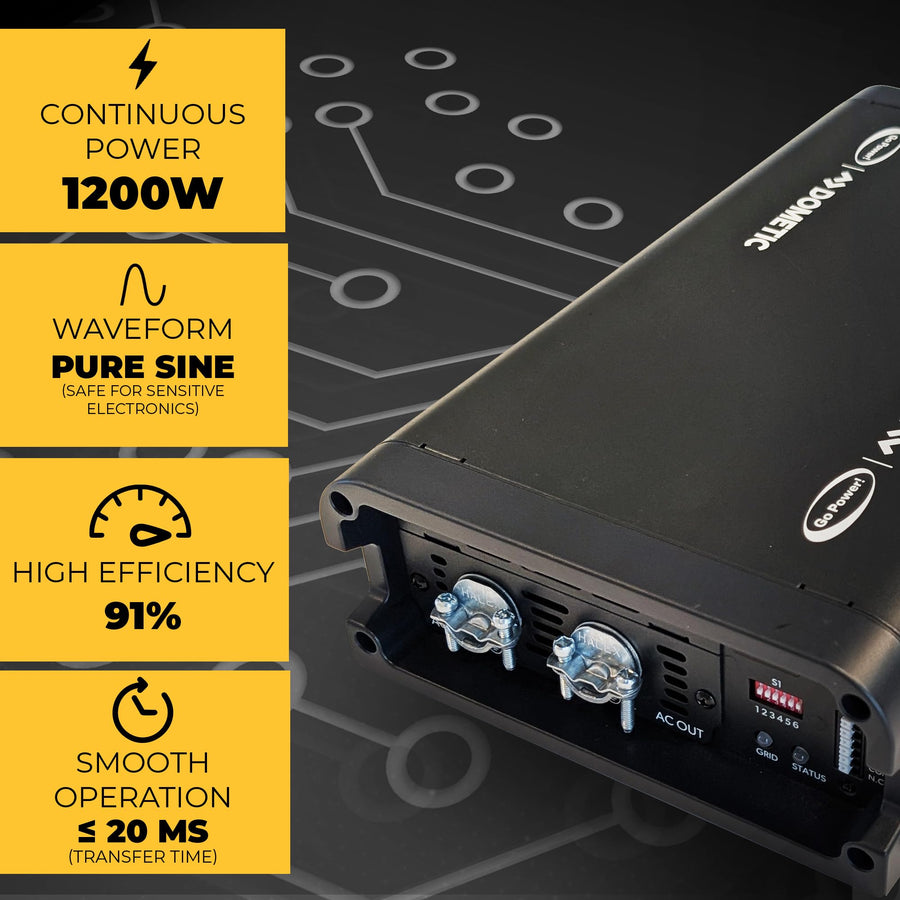 Go Power Transfer Switch, Advanced Sine Wave (ASW) Pure Sine Wave Power Inverter 12V to 110V with Built-in 30-Amp Automatic, Delivering 1200 Watts