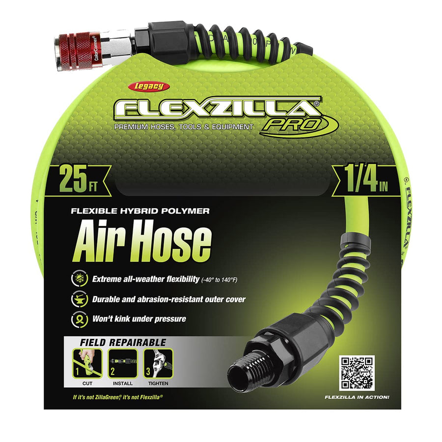 Flexzilla Pro Air Hose with Industrial Type D ColorConnex Coupler and Plug, 1/4 in. x 25 ft. - HFZP1425YW2-D