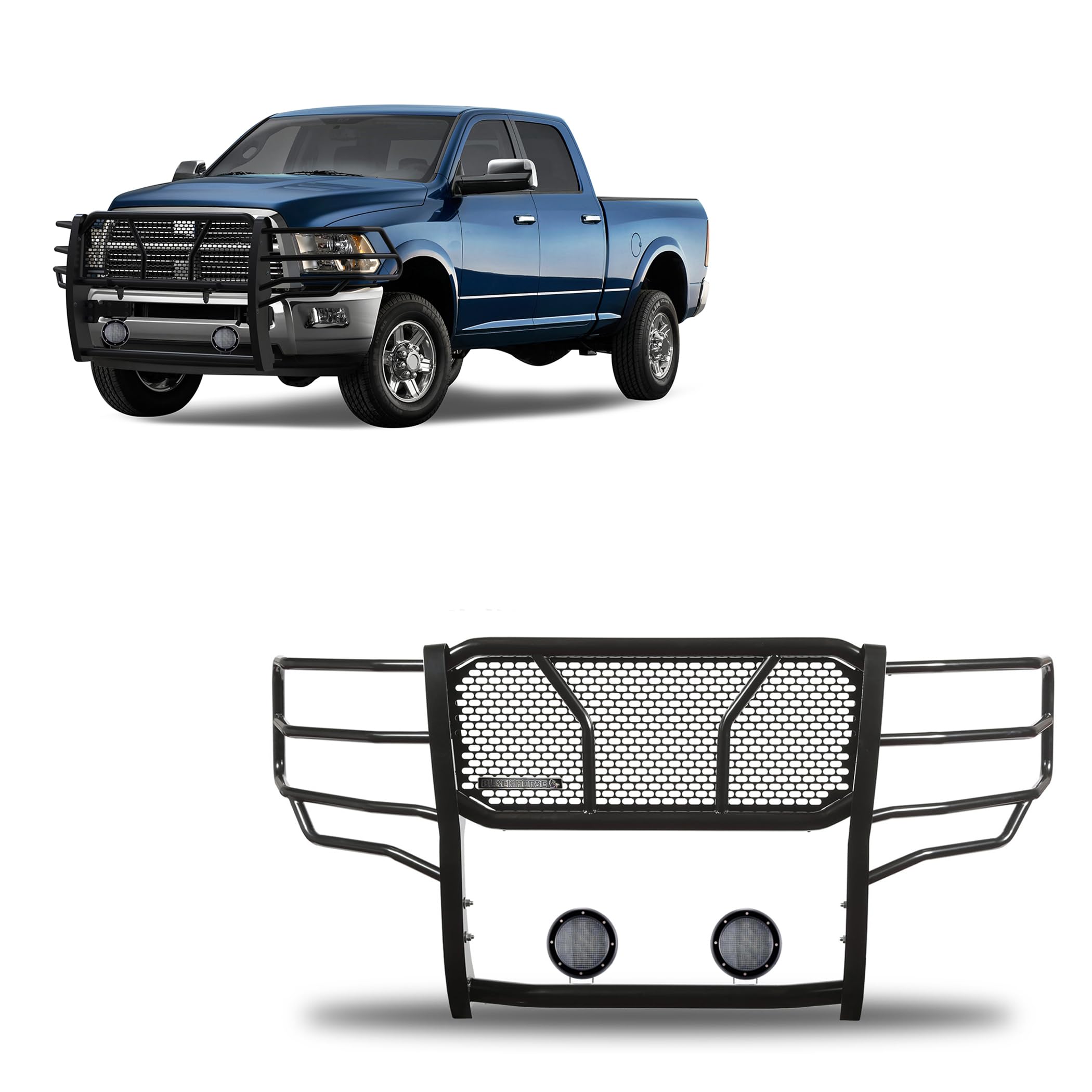 Heavy Duty Black Horse Rugged Grille Brush Bumper Guard Modular Black Come with Pair of 5.3" LED Lights with Black Trim Rings Compatible with 2010-2018 Dodge Ram 2500/Ram 3500-RU-DORA10-B-PLFB