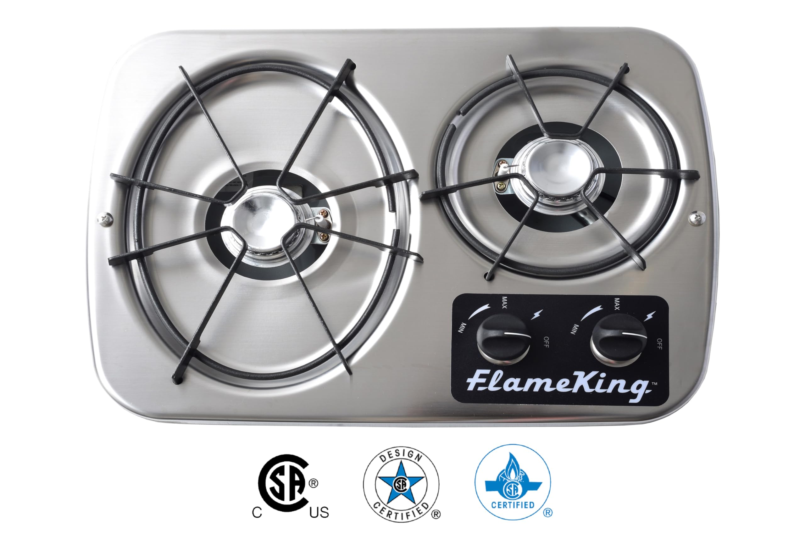 Flame King 2-Burner YSNHT600 Built-in RV Cooktop Propane Stove, 7200 and 5200 BTU Burners, Self-Igniting, Cover Included, Silver, 18.5" x 13" x 4.5"