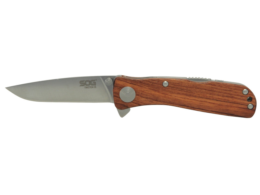 SOG Drop Point Twitch ll Pocket Knife - SOG Assisted Technology EDC Knife with 2.65 Inch Stainless Steel Blade and Wood Handle- Satin (TWI17-CP)