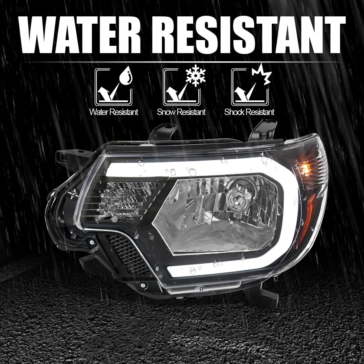 Black Headlights w/LED Strip SPEC-D TUNING Compatible with 2012-2015 Toyota Tacoma, Left + Right Pair Headlamp Assembly