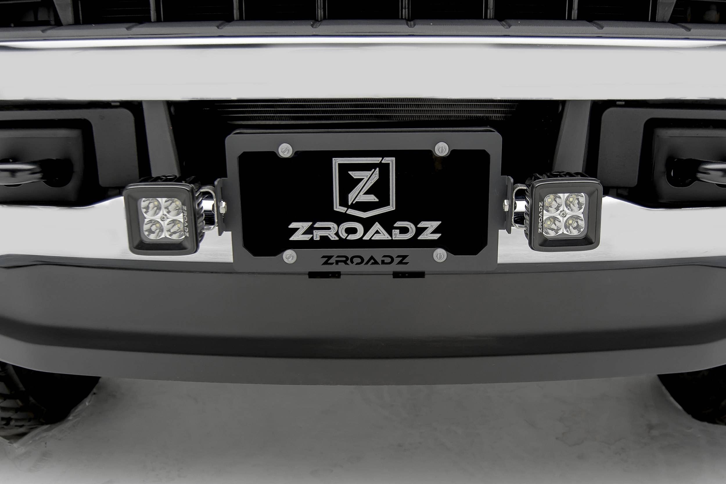 ZROADZ LED License Plate Frame Universal Bracket ONLY- Black Mild Steel - Bolt-on No Drilling Required - Mounts (2) 3 Inch ZROADZ or Similar Style LED Pod Lights PN#Z310005
