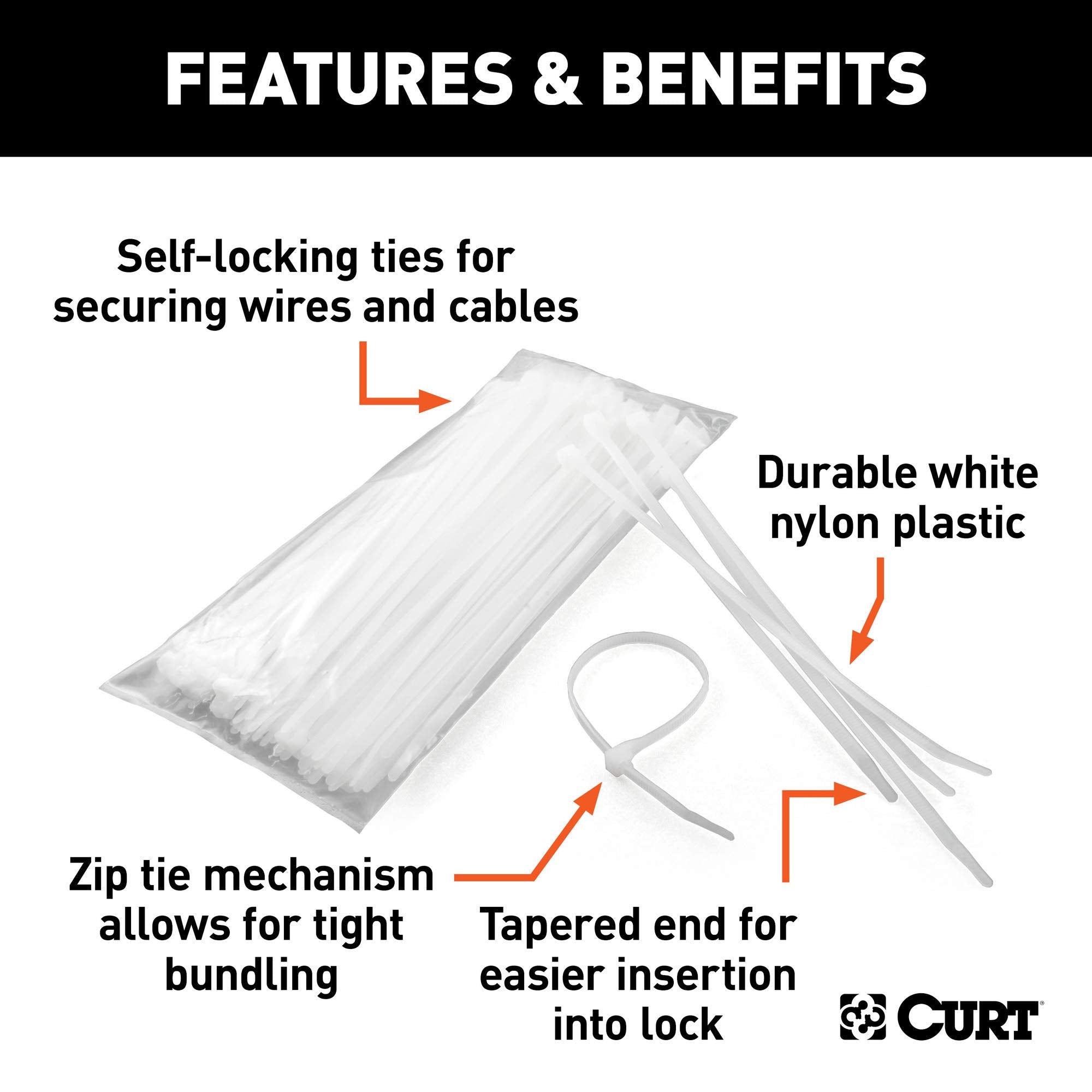 CURT Plastic Zip Ties, 7-1/4-Inch Long, White, 100-Pack