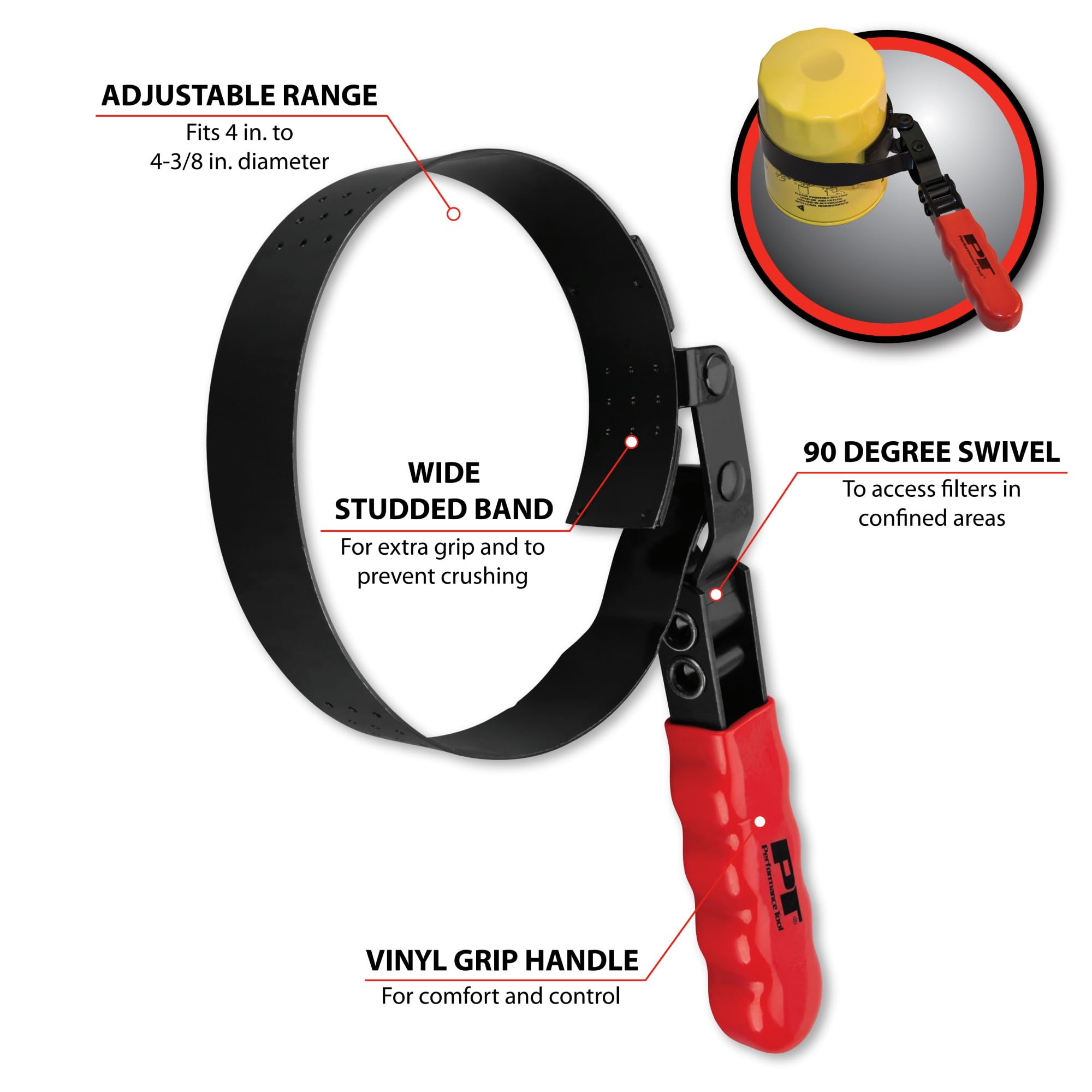 W54134 Performance Tool Oil Filter Wrench, Swivel Handle, Studded Steel Band, 4 in. to 4 3/8 in. (101.5mm to 111mm) Diameter, Black/Red