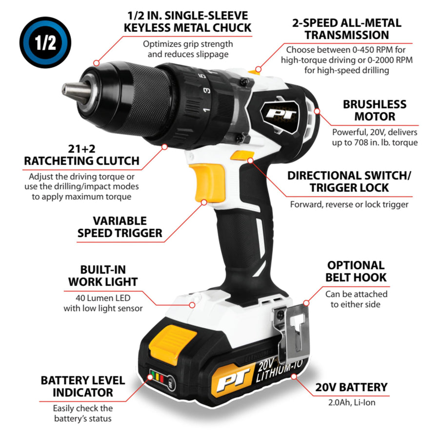 20V Li-Ion Performance Tool W7722 1/2-in Brushless Hammer Drill: 708 in-lb Torque, 2-Speed, Keyless Chuck, 20V, USB-C Quick Charge, Built-In Hook, Storage Case, Black/White