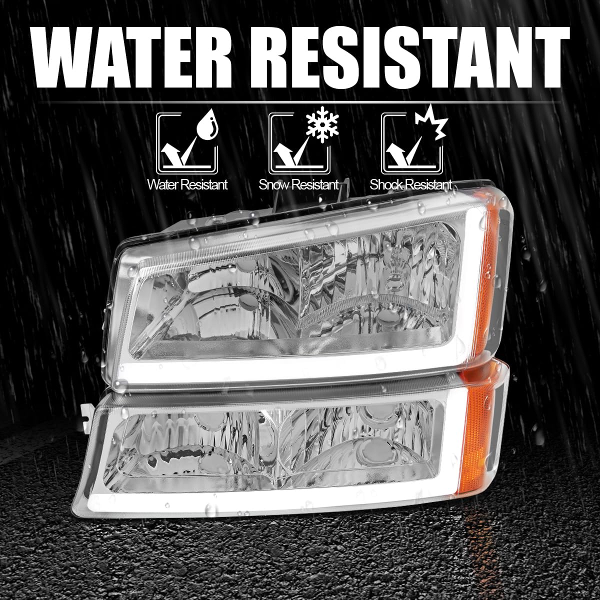 Chrome LED Bar Headlights Spec-D Tuning Compatible with 2003-2007 Chevy Silverado, Left + Right Pair Headlamps Assembly