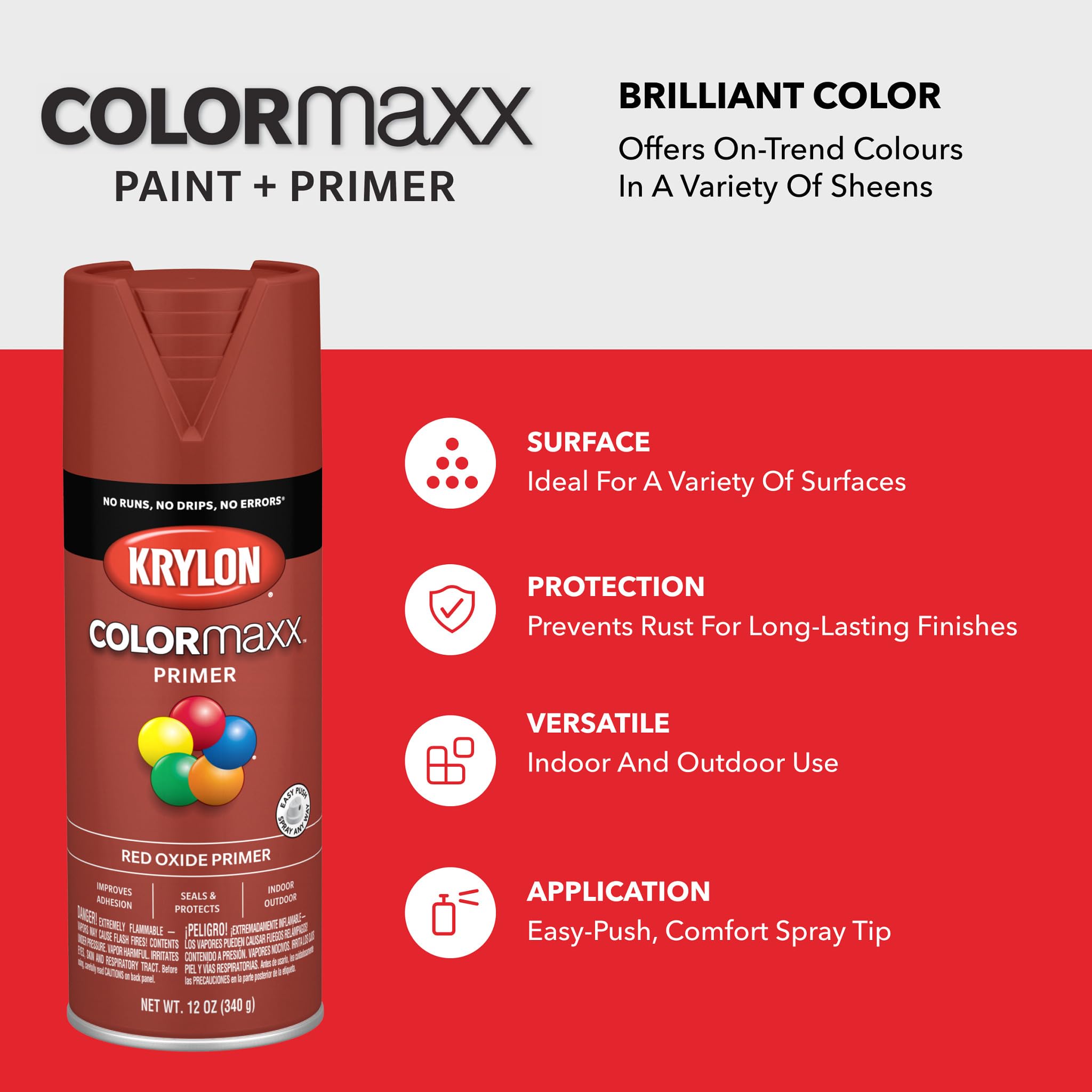 Krylon K05583007 Primer Spray Paint COLORmaxx for Indoor/Outdoor Use, Red Oxide 12 Ounce (Pack of 1)