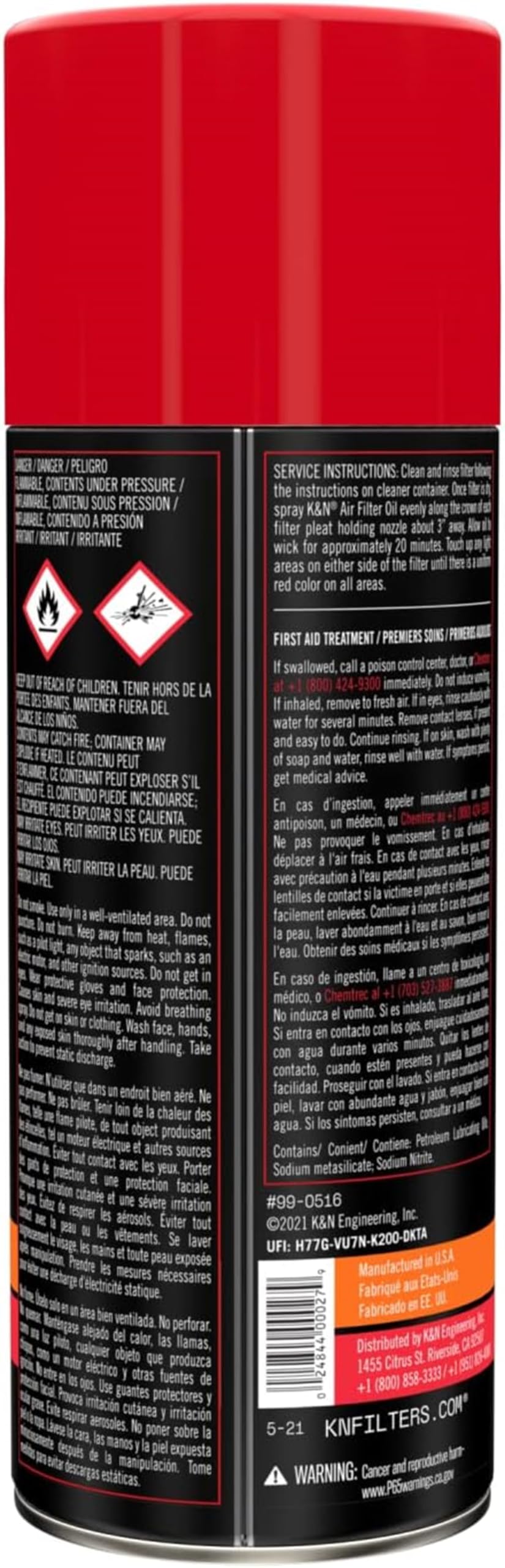 Aerosol K&N Air Filter Oil; Restore Engine Air Filter Performance and Efficiency, 99-0516, 347g(12.25 Oz)