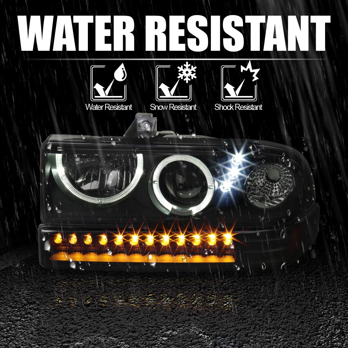 Smoke LED Halo Projector Headlights + LED Bumper Lights SPEC-D TUNING Compatible with 1998-2004 Chevy S10 Pickup, 1998-2004 Chevy Blazer, Left + Right Pair Headlamps Assembly