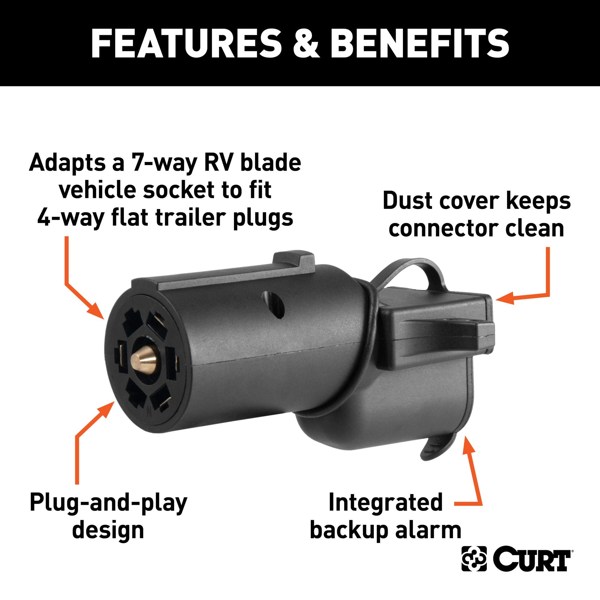 CURT 57724 4-Way Flat Trailer Wiring Adapter with Backup Alarm to 7-Way RV Blade Vehicle-Side