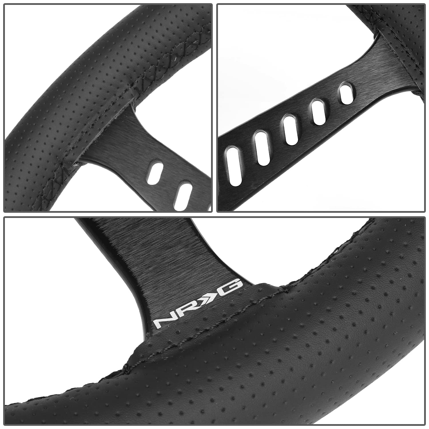 NRG Innovations Reinforced NRG-RST-380STL-B Classic Stealth Wheel, 380mm, 3 Spoke Center with Diagnal Slits, 1" Deep Dish with Perforated Leather and Black Stitching