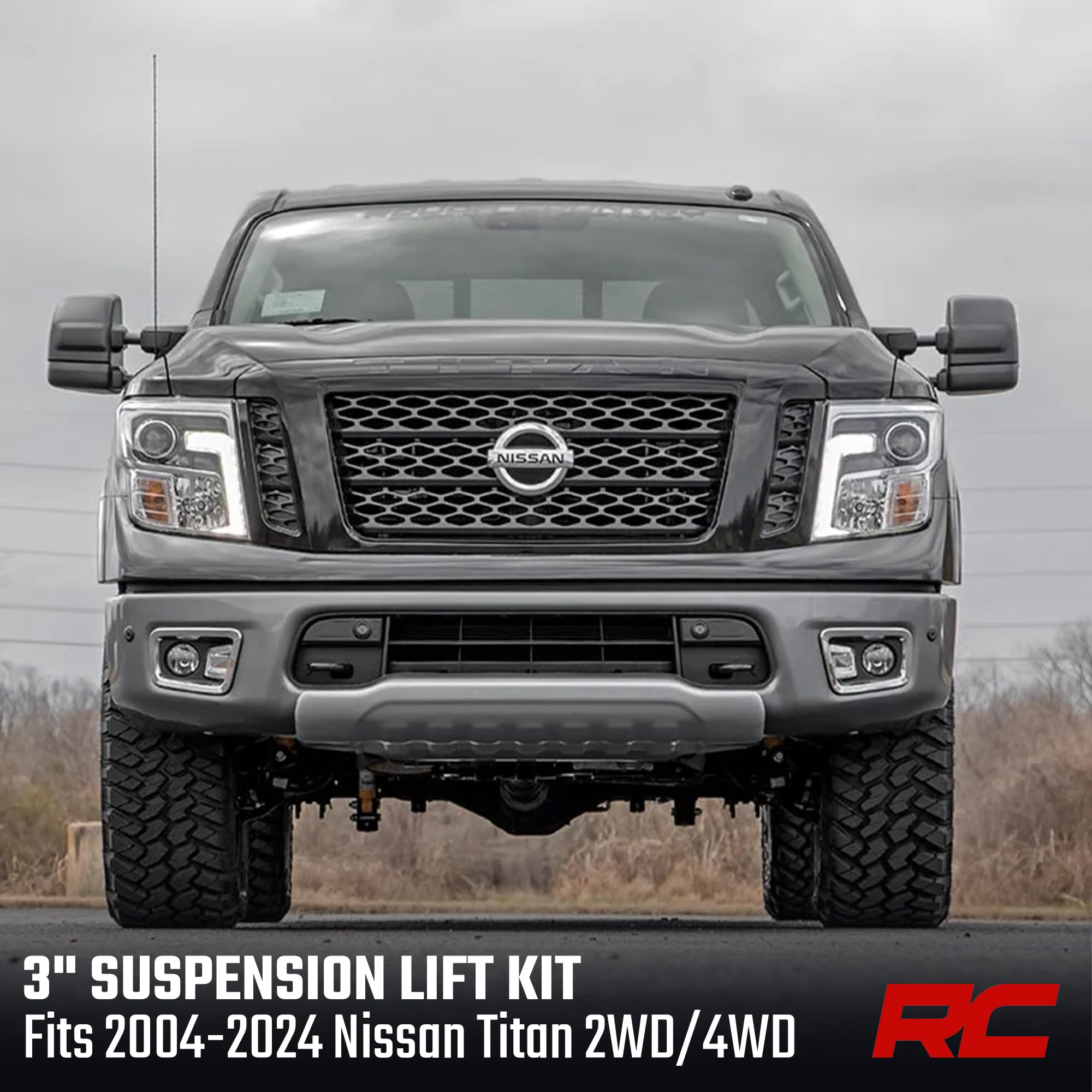 3" Suspension Lift Kit Rough Country for Nissan Titan 4WD (2017-2023) - N3 Struts & N3 Rear Shocks, Red Control Arms