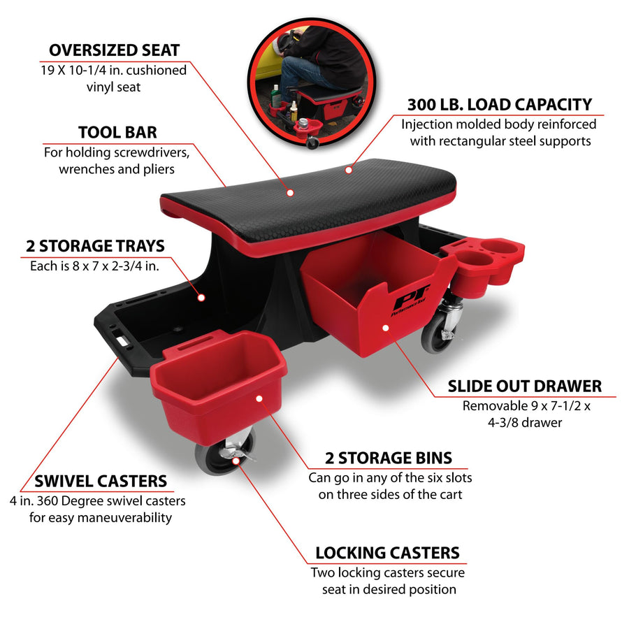 Heavy Duty Performance Tool W85035 Roller Mechanics Seat and Brake Stool with 4-Inch Rubber Swivel Casters Roll Over