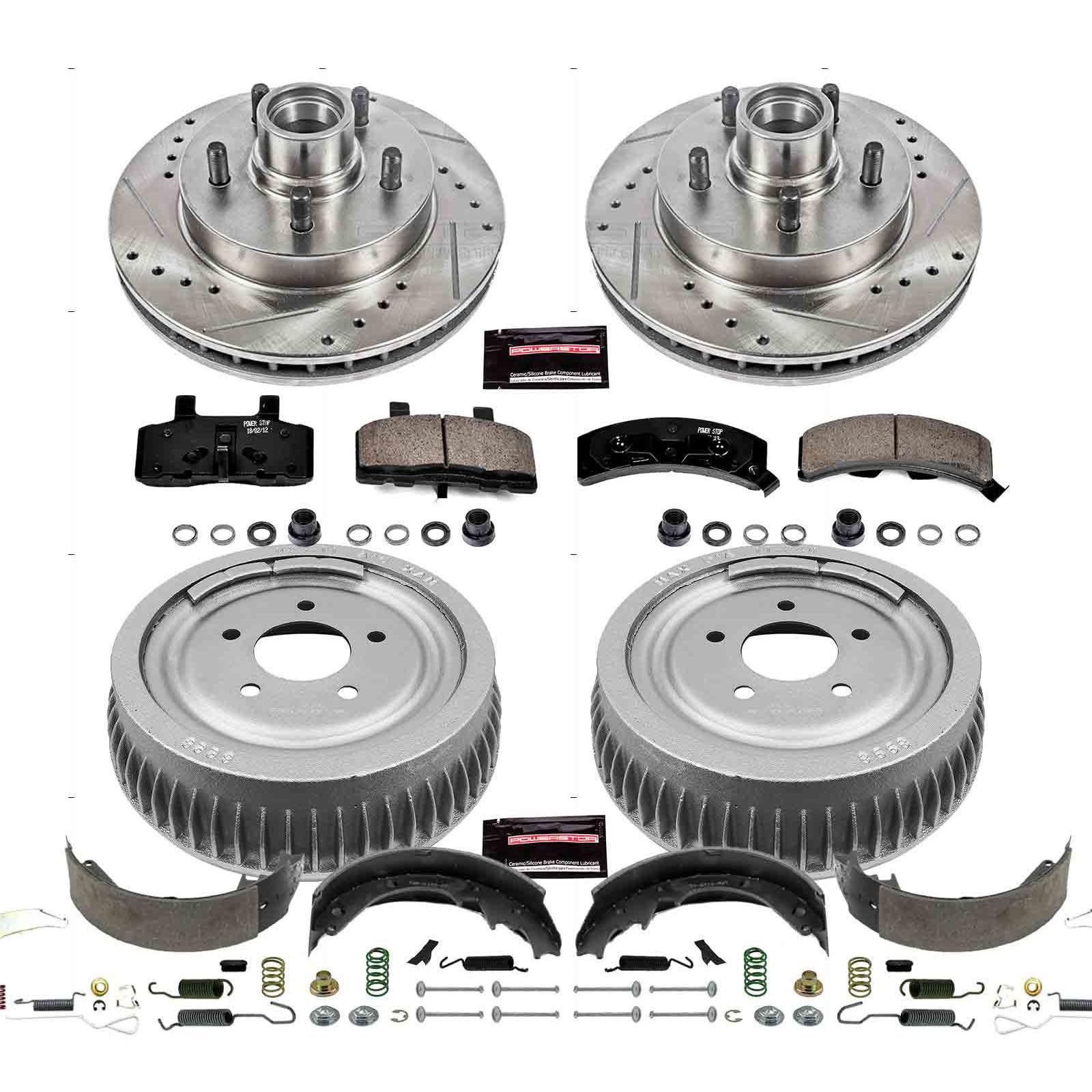 Power Stop K15036DK Z23 Carbon Fiber Brake Pads Front and Rear with Drilled & Slotted Brake Drums Kit For Chevrolet Express 1500 1996-2002, GMC Savana 1500 1996-2002 [Model Specific]