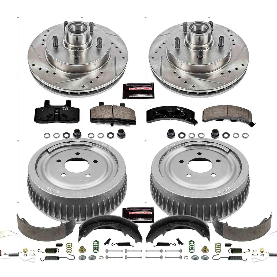 Power Stop K15036DK Z23 Carbon Fiber Brake Pads Front and Rear with Drilled & Slotted Brake Drums Kit For Chevrolet Express 1500 1996-2002, GMC Savana 1500 1996-2002 [Model Specific]