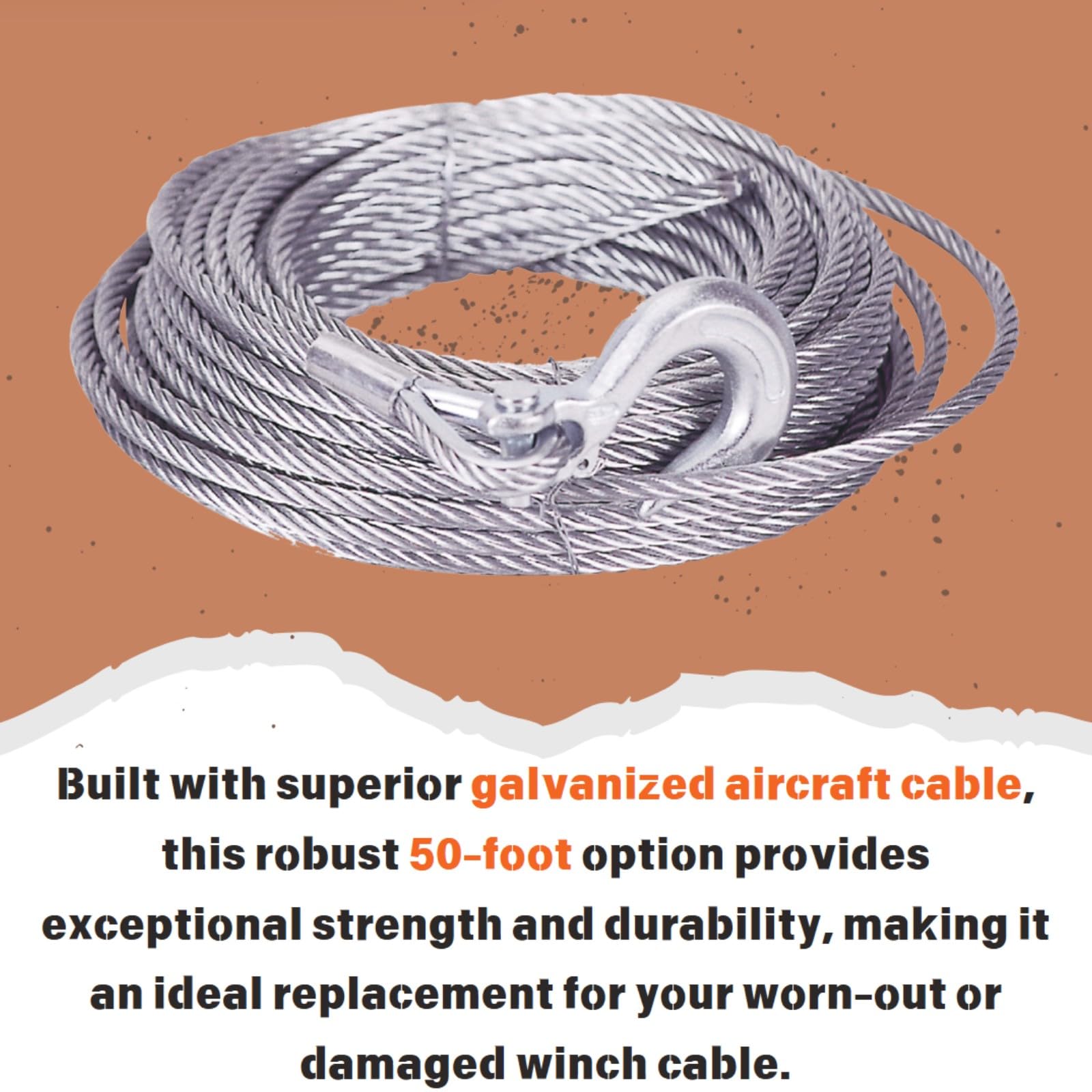 MILE MARKER Single 3/16" X 50' Cable for ATV UTV Use 19-501875-50 | 2,500 lb Weight Capacity | Engineered for Durability and Convenience | Galvanized Aircraft Cable | Hook Not Included