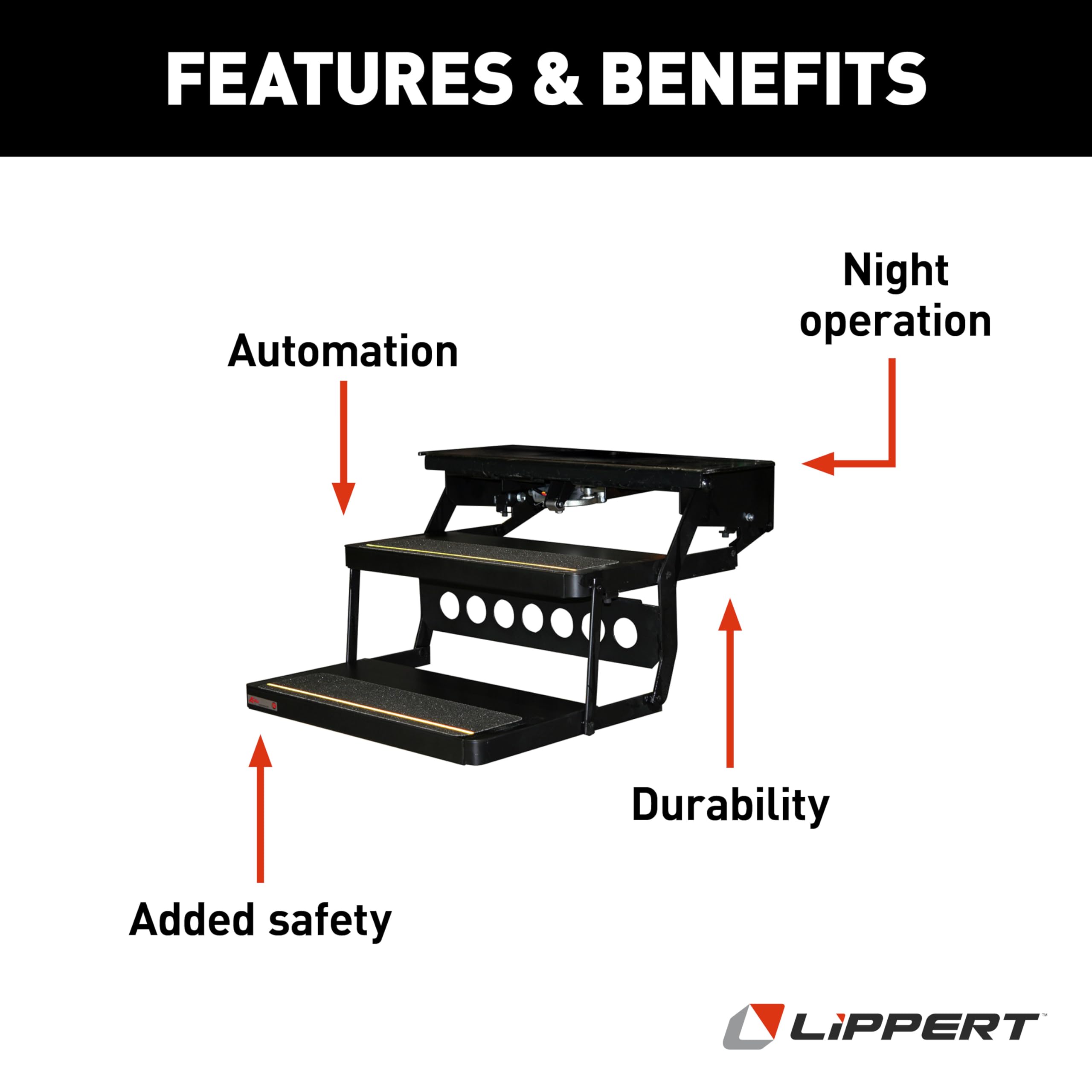 Lippert Double Tread Platinum Series Electric RV Steps — Automatically Extending RV Travel Trailer Steps — Heavy-Gauge Steel — 24" Wide Treading — Non-Slip Surace — 12V Motor — 372558