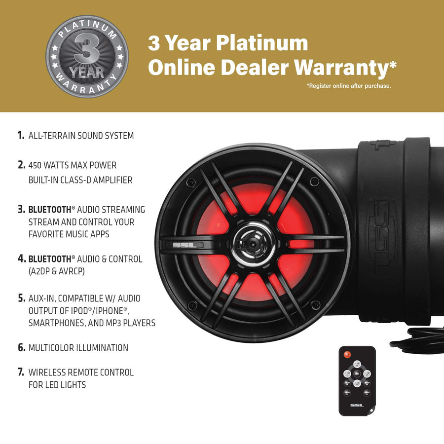 Sound Storm Laboratories ATV UTV BTB6L Sound System - 6.5 Inch Speakers, 1 Inch Tweeters, Full Range, IPX5 Weatherproof, Bluetooth, Built-in Amplifier, Multicolor Illumination, Golf Cart Compatible