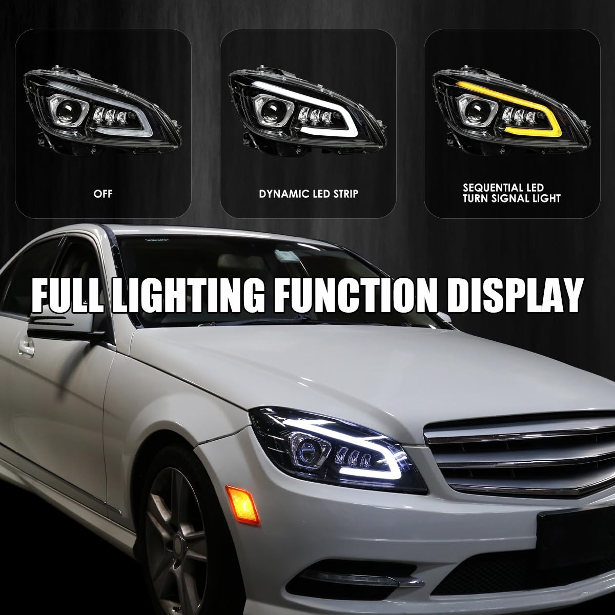 Full LED Projector Headlights SPEC-D TUNING w/Sequential Turn Signal Compatible with 2008-2011 Mercedes Benz W204 C-Class, Left + Right Pair Headlamps Assembly