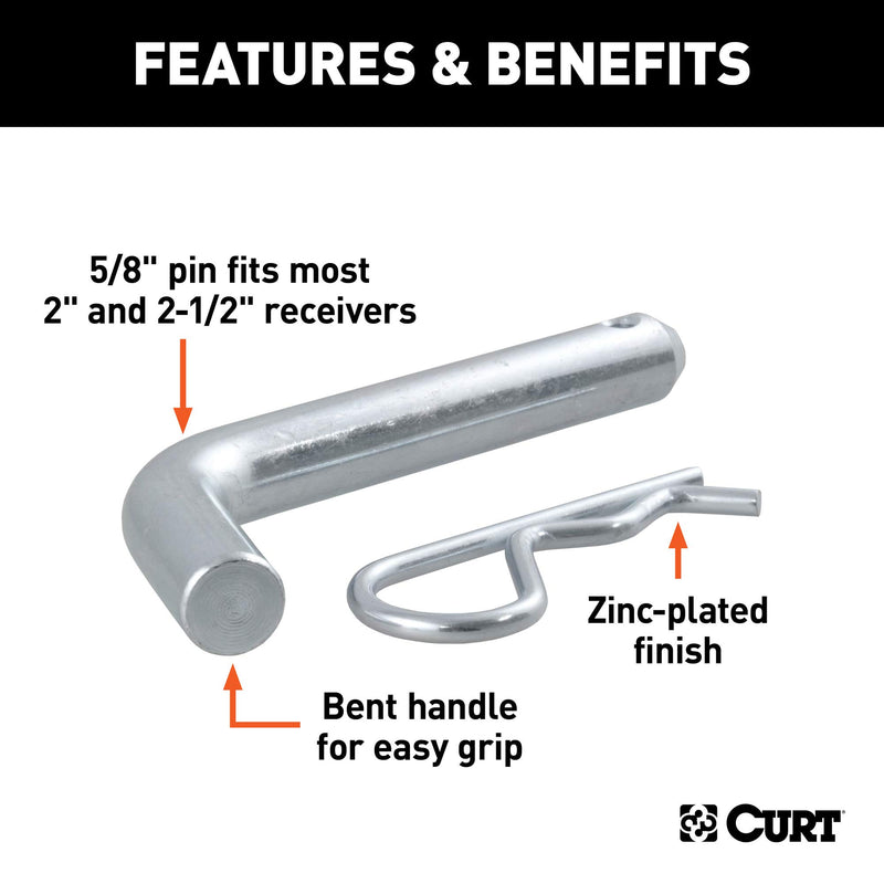 Trailer Hitch Pin & Clip CURT 21580, 5/8-Inch Diameter, Fits 2 or 2-1/2-Inch Receiver, Clear ZINC