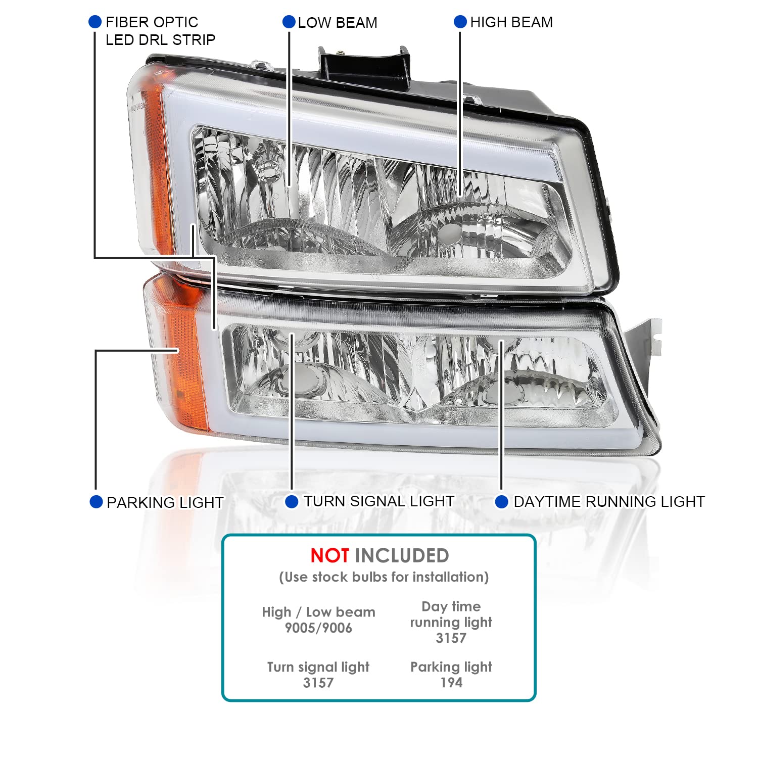 Chrome Headlights SPEC-D TUNING w/LED Light Bar Compatible with 2003-2007 Chevy Silverado 1500 2500 2002-2006 Avalanche, Left + Right Pair Headlamps Assembly