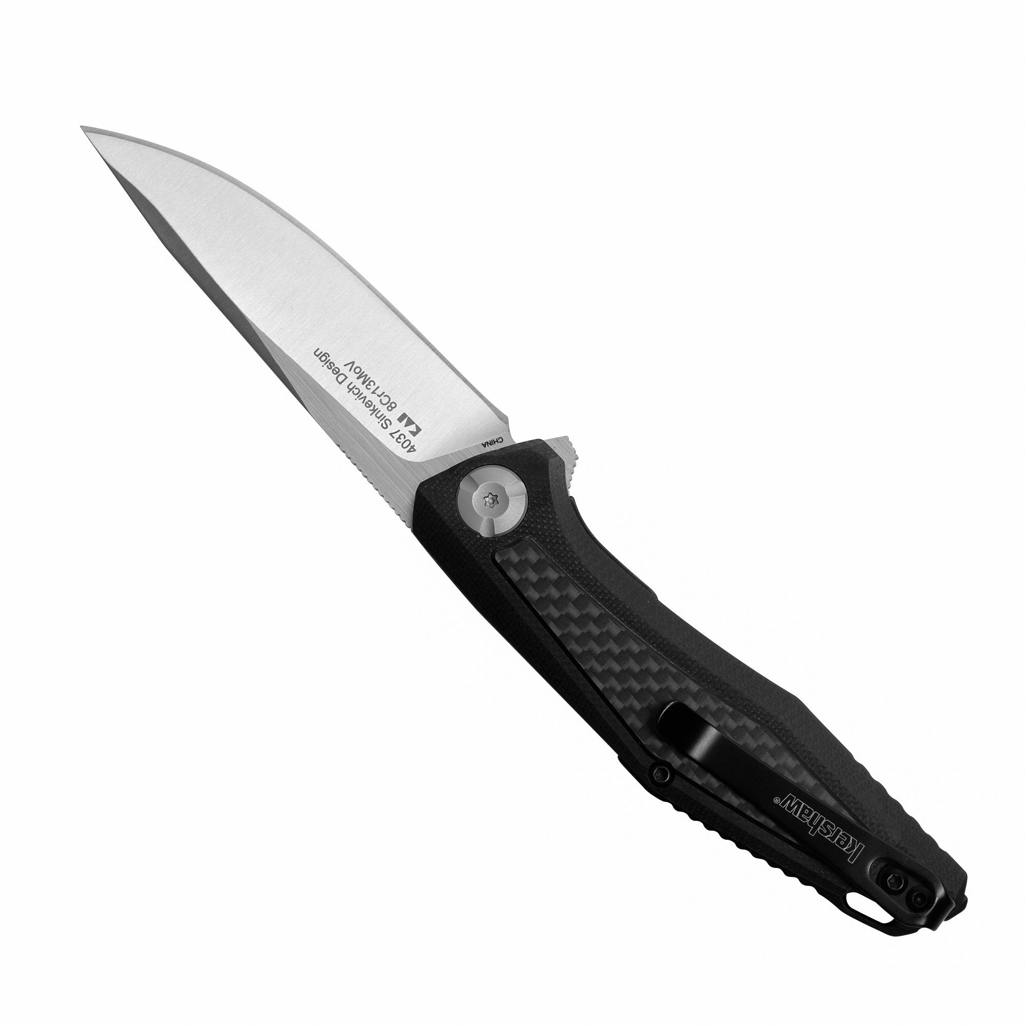 Atmos Kershaw Folding Pocketknife (4037); 3-in. 8Cr13MoV Stainless Steel Drop Point Blade; Black G10 Handle with Carbon Fiber; Inset Liner Lock; KVT Manual Open; Reversible Deep-Carry Pocketclip; 1 oz
