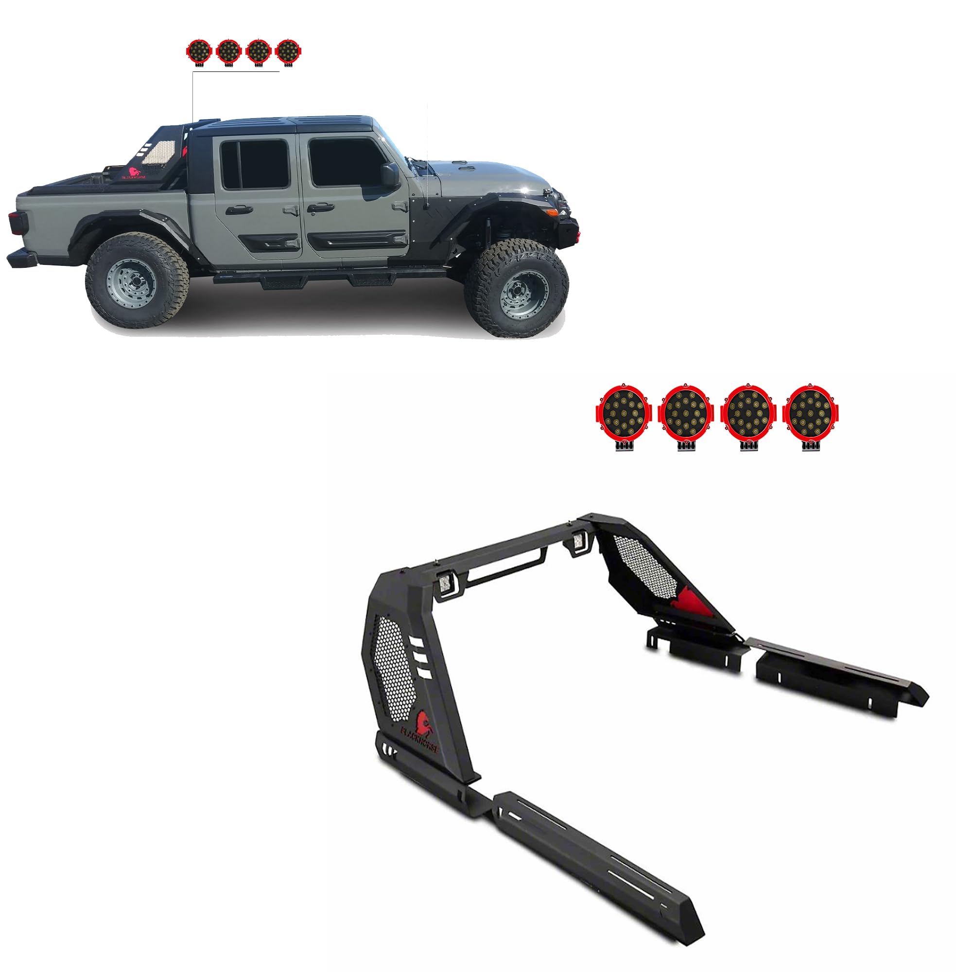 Vigor Black Horse Roll Bar Incl. Pair of 7.0" Dia. LED Lights w/Red Trim Rings Modular Black Compatible with 2020-2024 Jeep Gladiator-VIRB09B-PLR