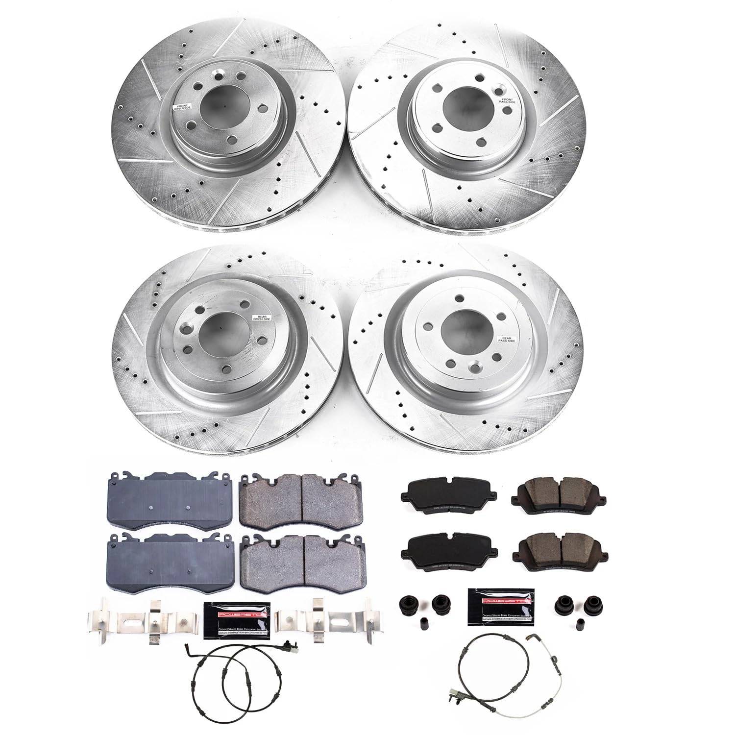 Power Stop K8905 Z23 Daily Driver Front and Rear Carbon-Fiber Ceramic Brake Pads and Drilled and Slotted Rotors Kit For Defender, Defender, Range Rover Sport [Model Specific]