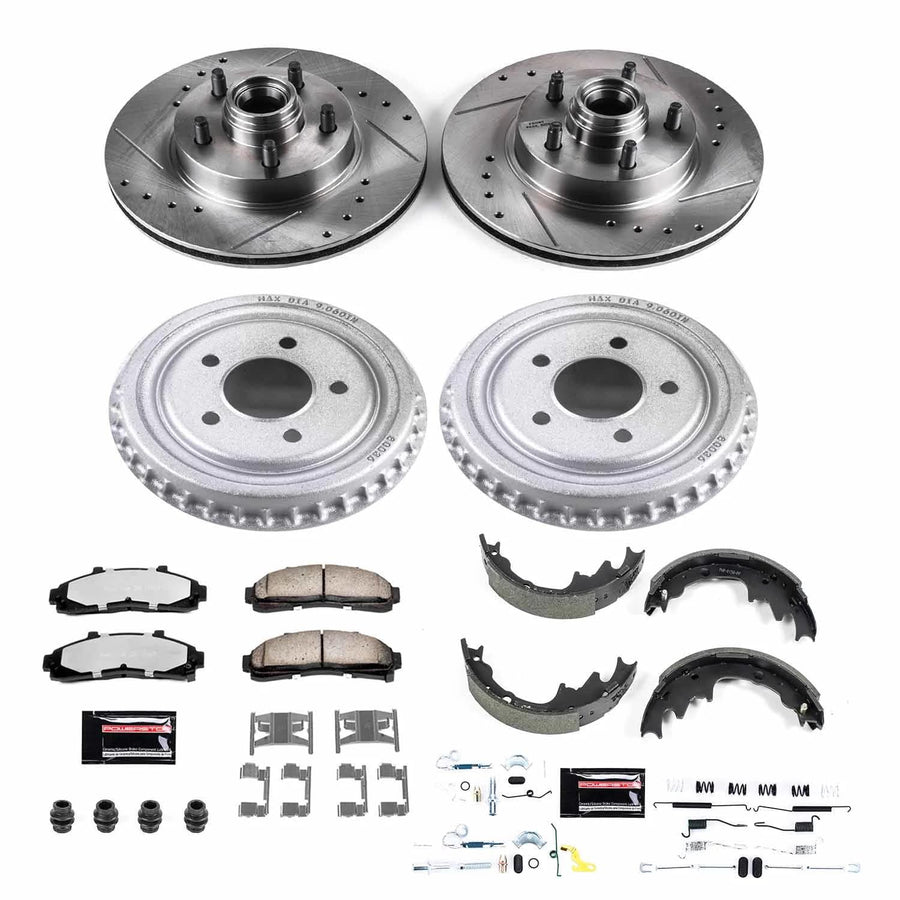 Power Stop Brake Kit Front and Rear For 1998 1999 2000 2001 2002 Ford Ranger - Truck & Tow Carbon Fiber Ceramic Pads, Drums, & Drilled and Slotted Rotors Replacement, K15151DK-36