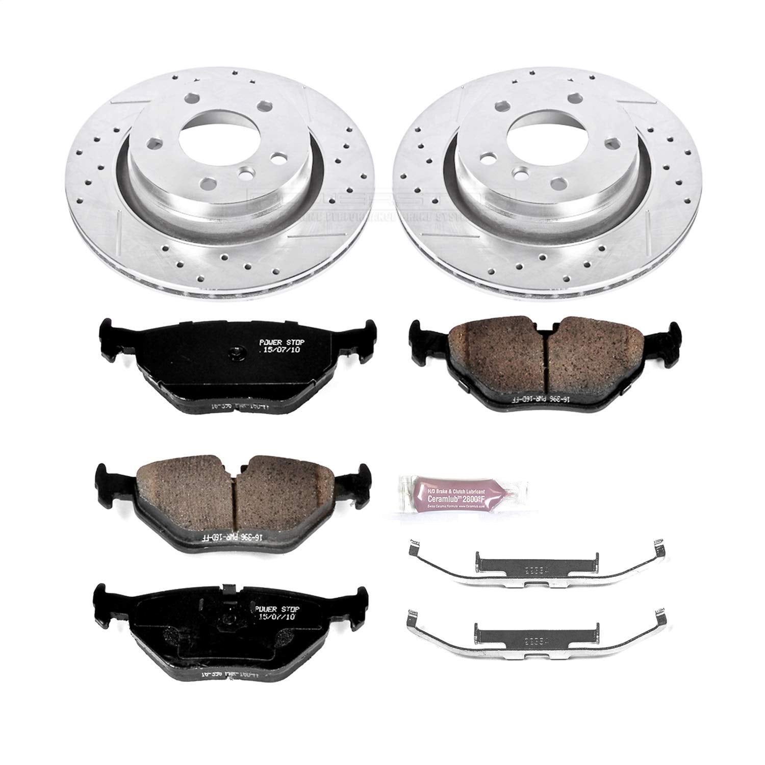 Power Stop K877 Z23 Rear Carbon Fiber Brake Pads with Drilled & Slotted Brake Rotors Kit