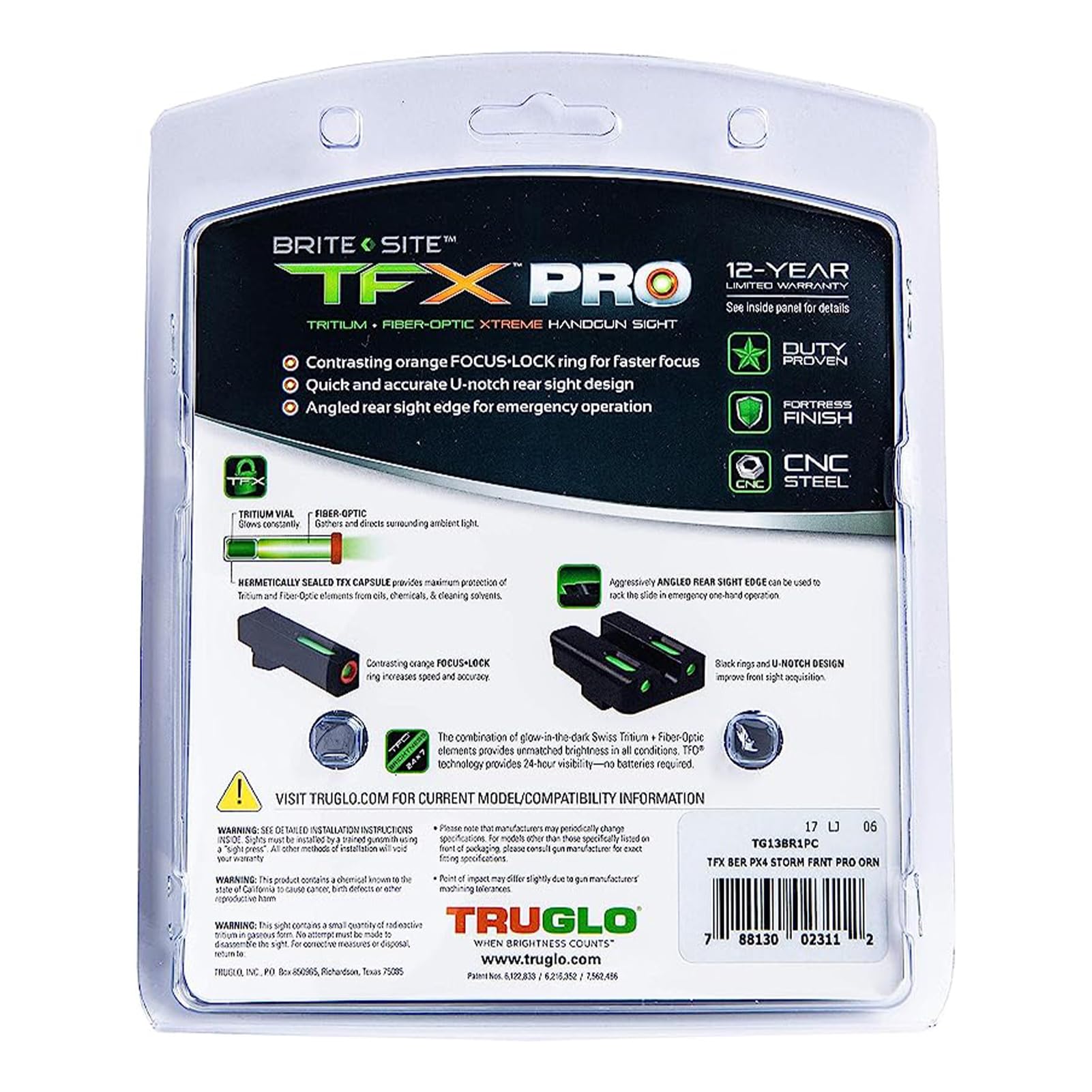 Tritium and Fiber Optic Xtreme Handgun Sights TRUGLO TFX Pro for Beretta PX4 Storm (Front Sight Only), Black, One Size