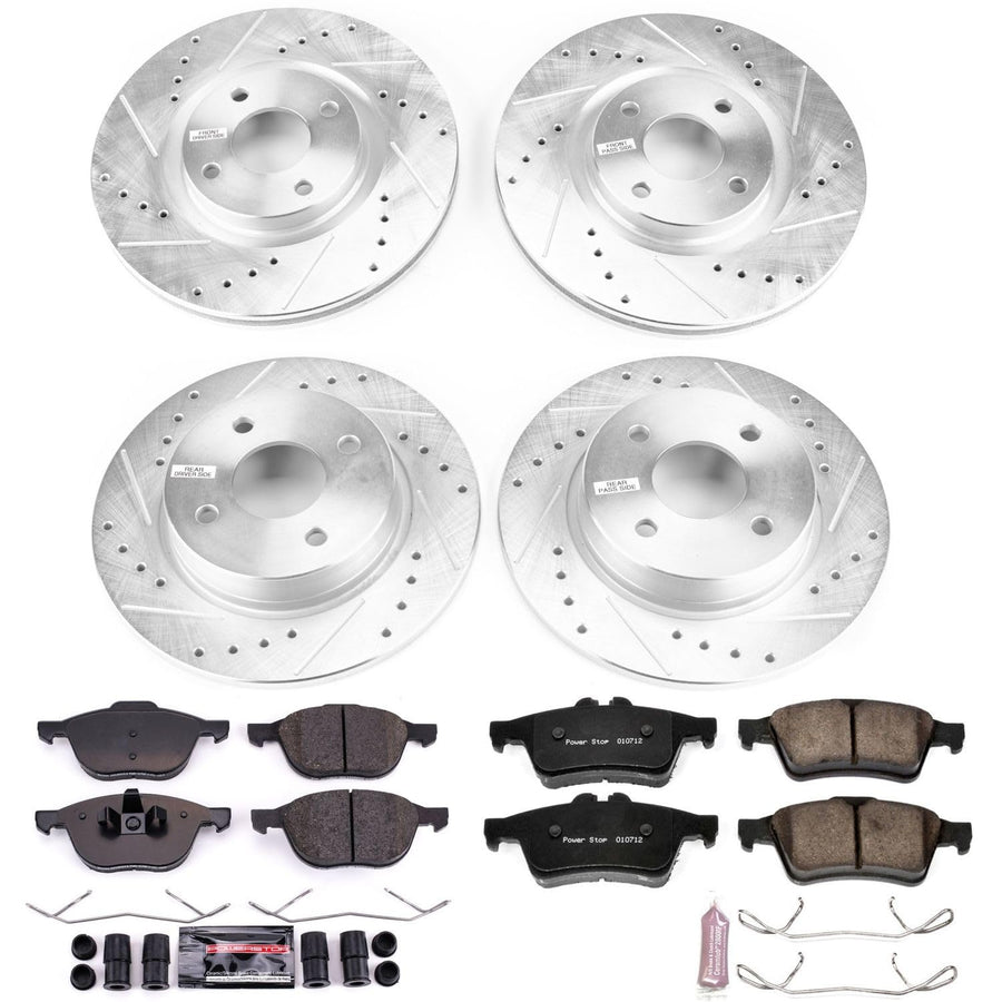Power Stop K7910 Z23 Carbon Fiber Brake Pads Front and Rear with Drilled & Slotted Brake Rotors Kit For Ford EcoSport 2018-2021 [Model Specific]