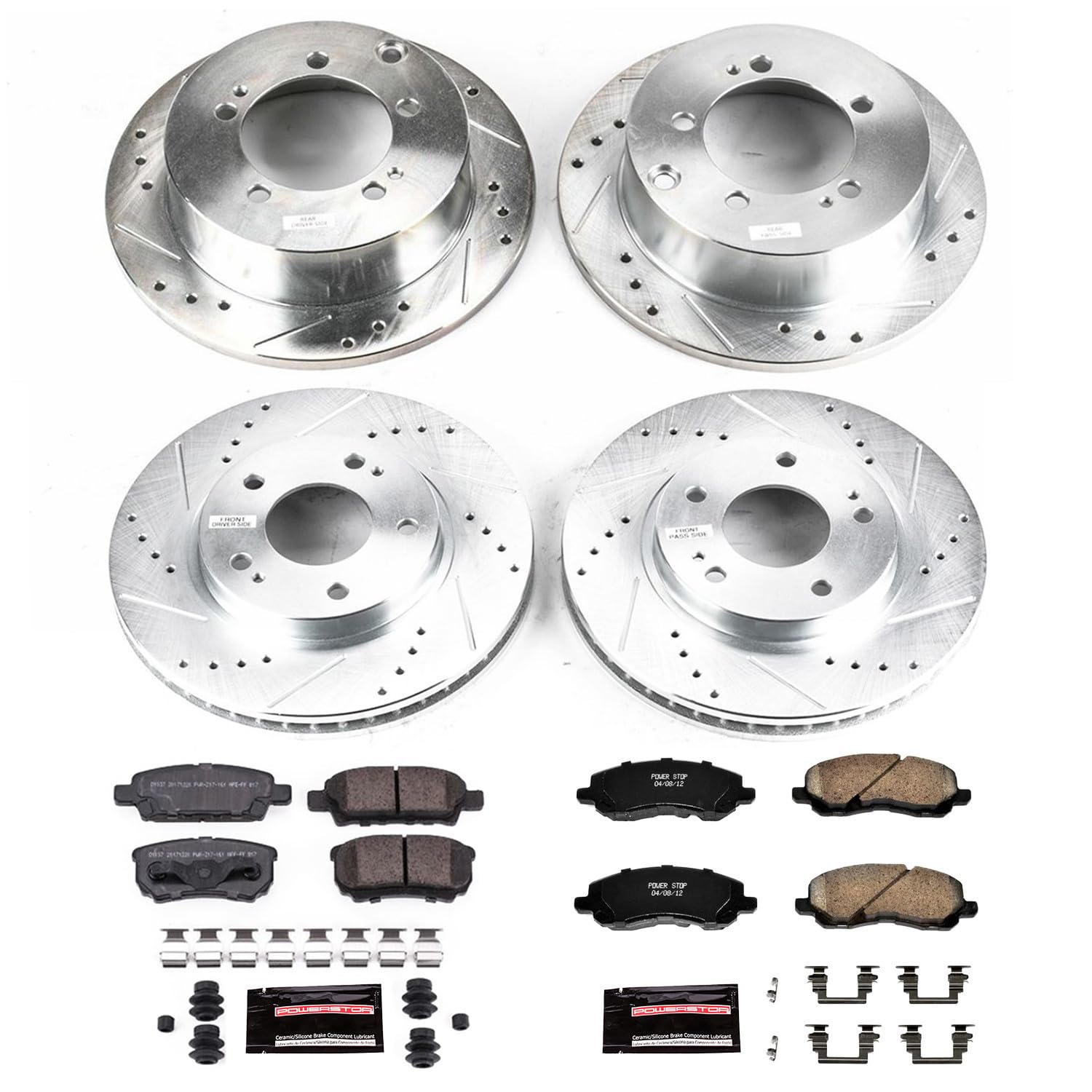 Power Stop K1682 Z23 Carbon Fiber Brake Pads Front and Rear with Drilled & Slotted Brake Rotors Kit For Mitsubishi Lancer 2004-2006 [Model Specific]