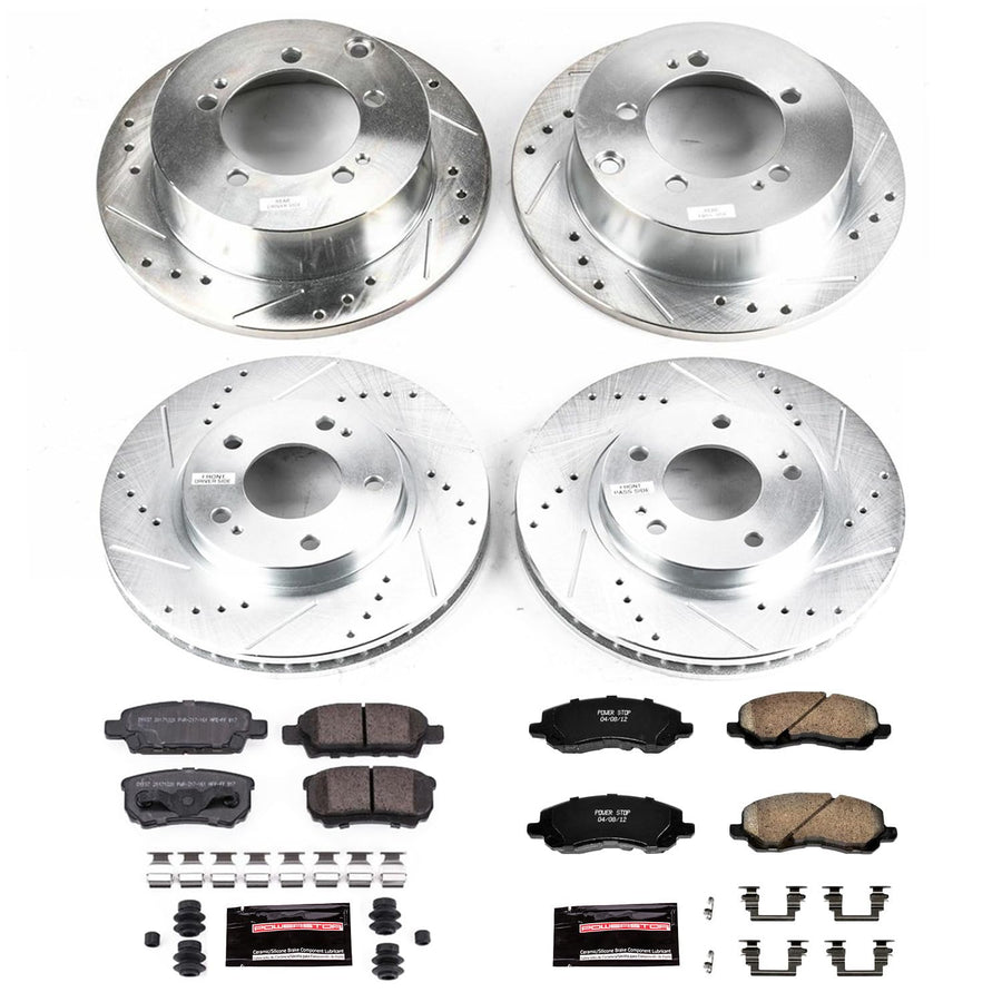 Power Stop K1682 Z23 Carbon Fiber Brake Pads Front and Rear with Drilled & Slotted Brake Rotors Kit For Mitsubishi Lancer 2004-2006 [Model Specific]
