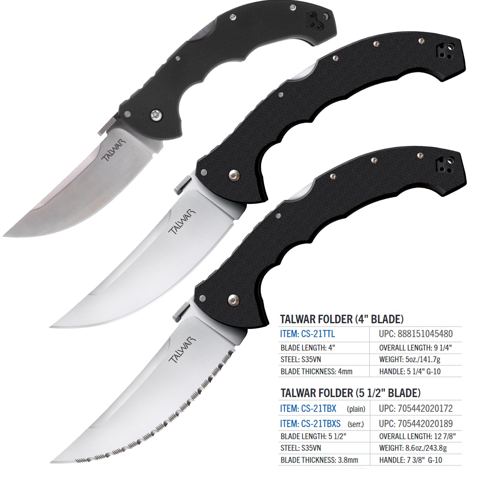 Cold Steel 5.5" Talwar S35VN Steel Ultra-Sharp Plain Blade 7.375" G10 Handle Tactical Pocket Folding Knife with Tri-Ad Locking Mechanism