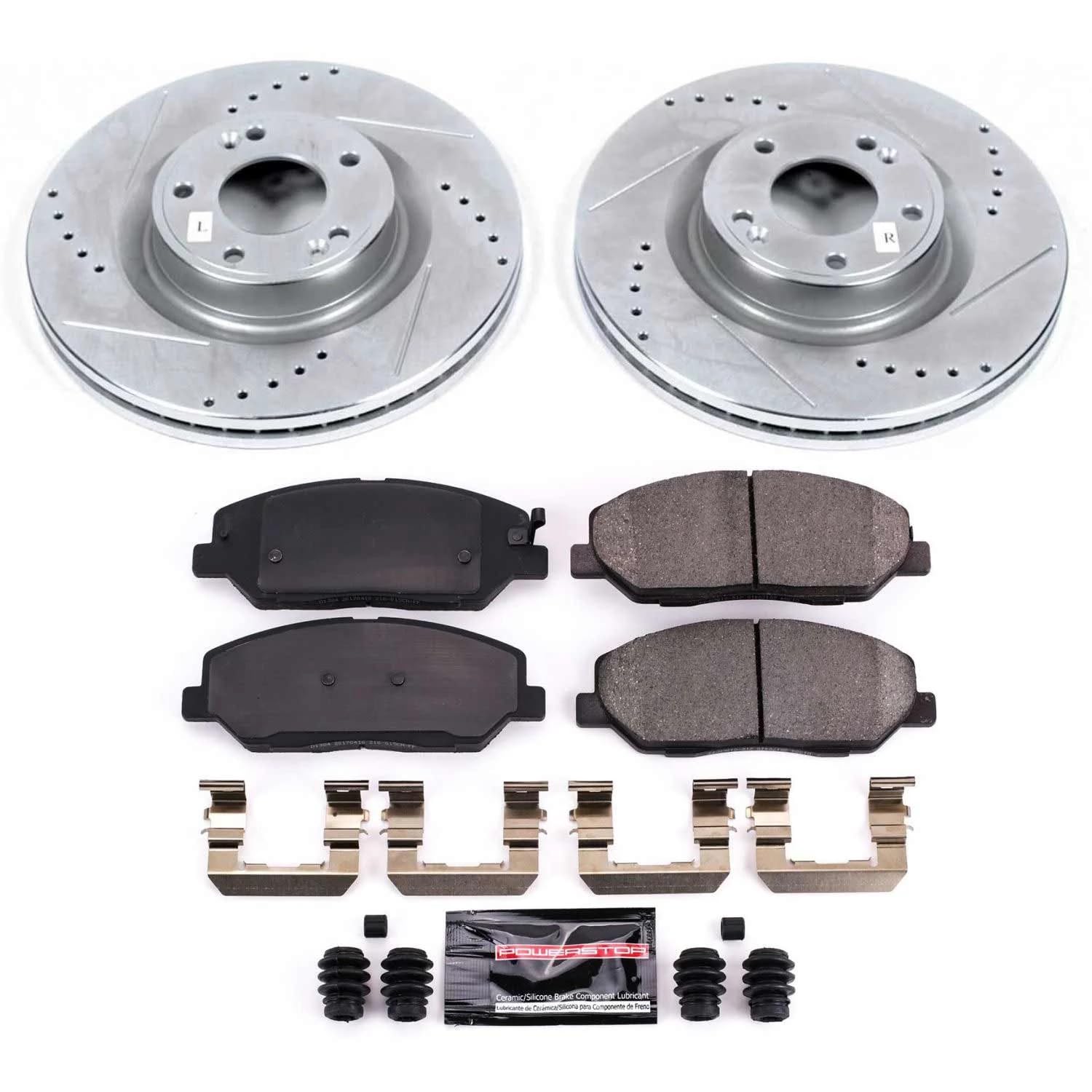 Power Stop K5921 Z23 Carbon Fiber Brake Pads Front with Drilled & Slotted Brake Rotors Kit For Hyundai Genesis 2009-2011 [Model Specific]