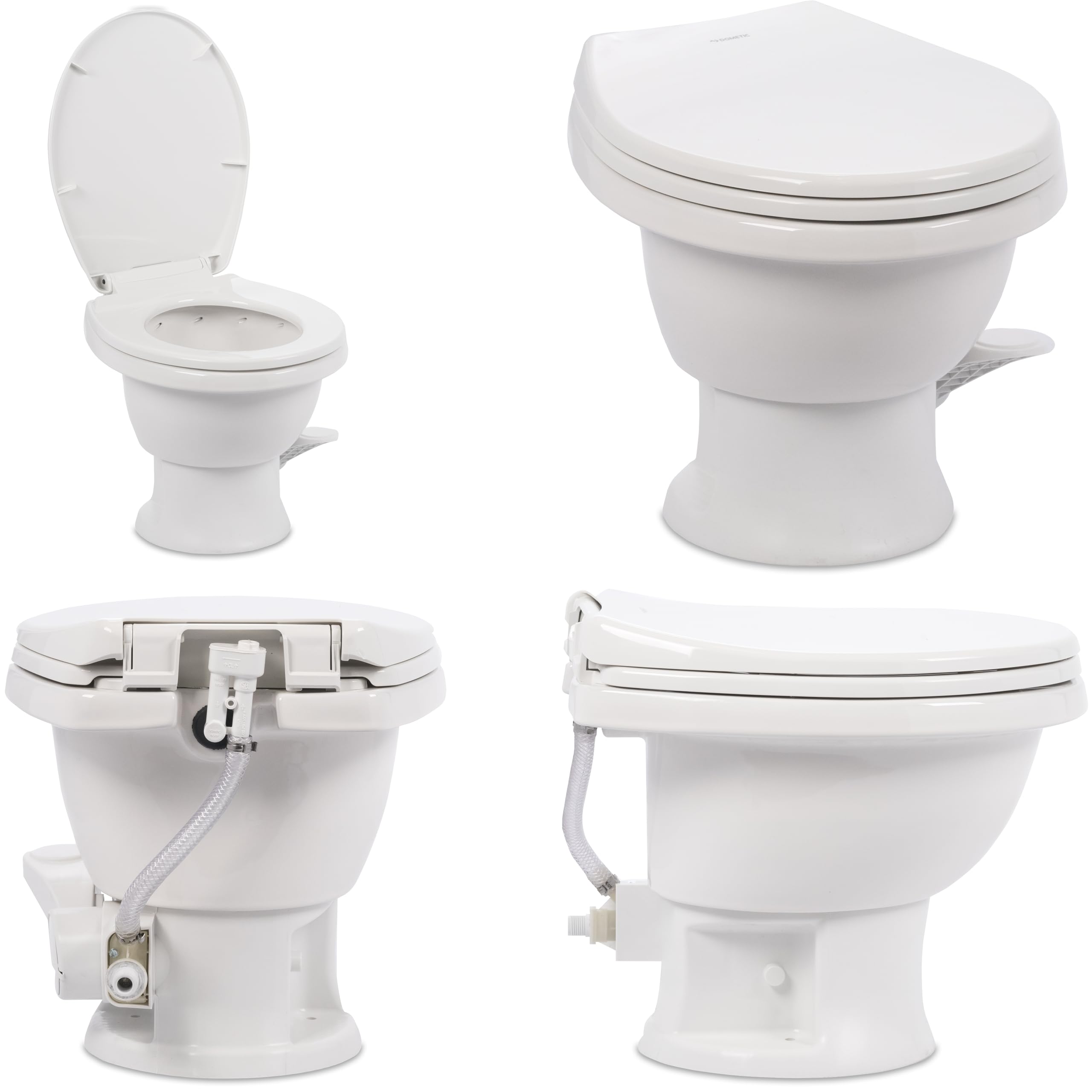 Dometic Model 411 RV Toilet Complete – Round Porcelain Bowl, Universal Fit & 2-Bolt Mount, Low-Profile 13–5/8" Seat Height, Gravity Flush Toilet with Soft-Close Seat, White (9610008263)