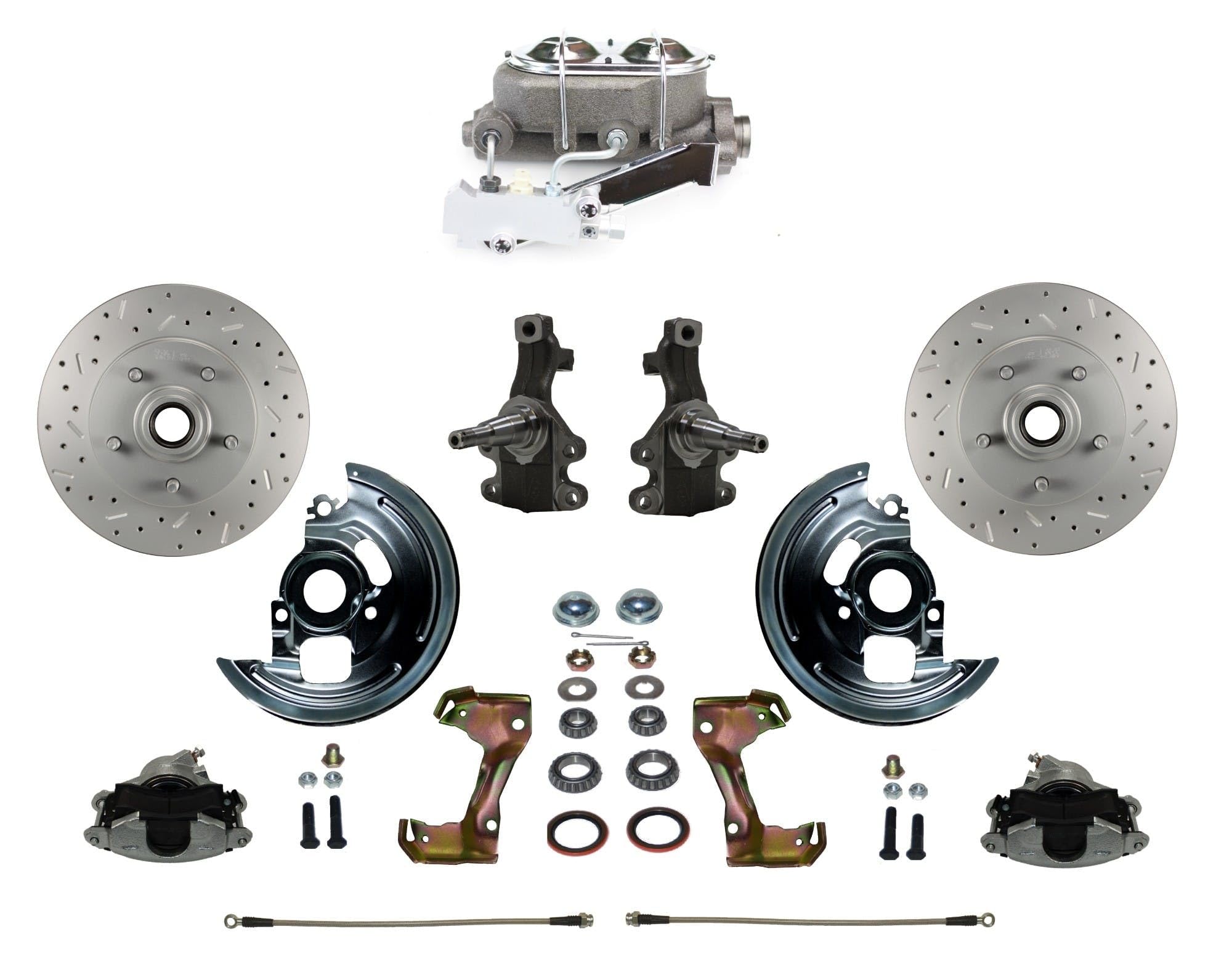 Manual LEED BRAKES Front Disc Brake Conversion 2" Drop Spindle Cross Drilled And Slotted With Cast Iron Chrome Top M/C Disc/Disc Side Mount