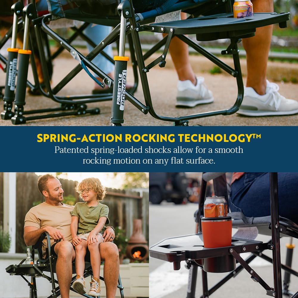 Freestyle Rocker GCI OUTDOOR with Side Table Camping Chair | Portable Folding Rocking Chair with Solid, Durable Armrests, Drink Holder & Comfortable Backrest — Heathered Indigo