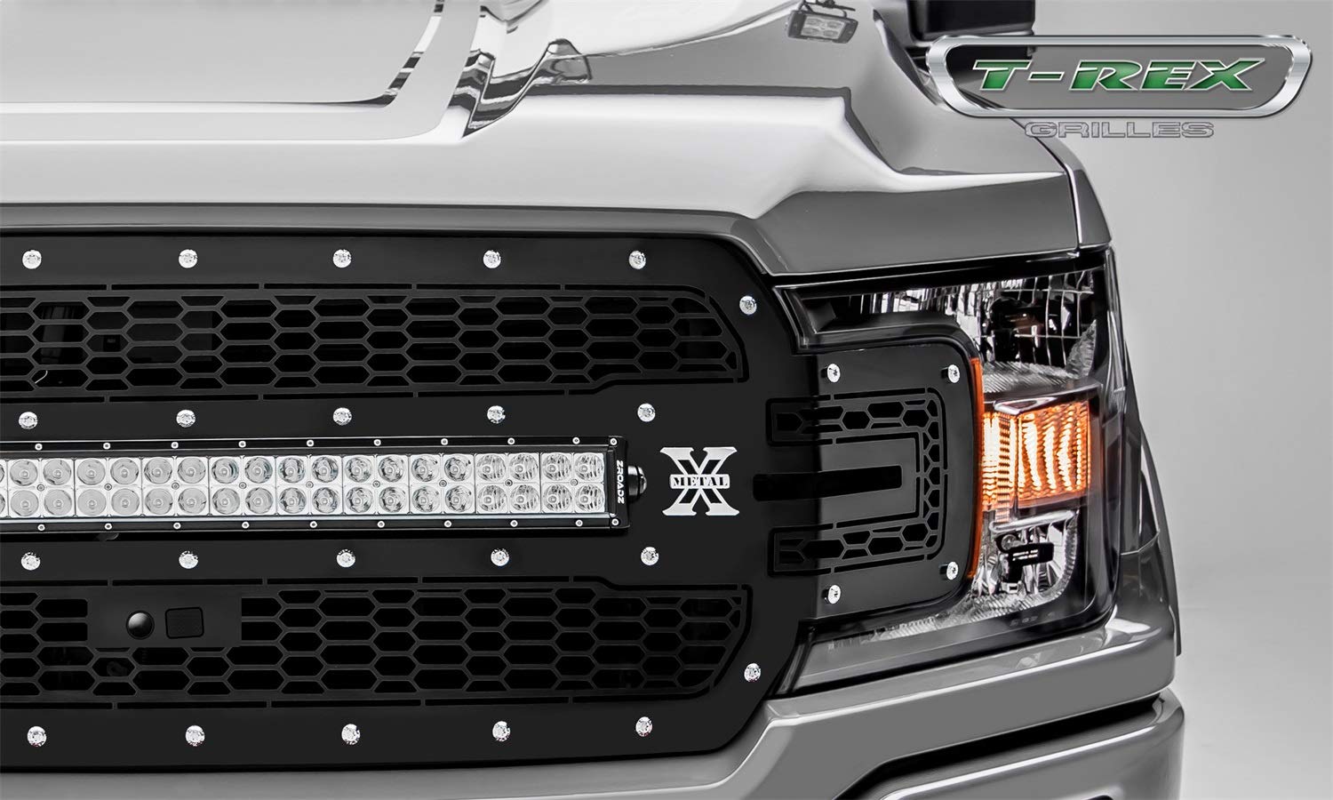T-Rex Grilles Laser Torch Grille 2018-2020 F-150, Black, 1 Pc, Replacement, Chrome Studs with 30 Inch LED, Fits Vehicles with Camera - PN #7315751